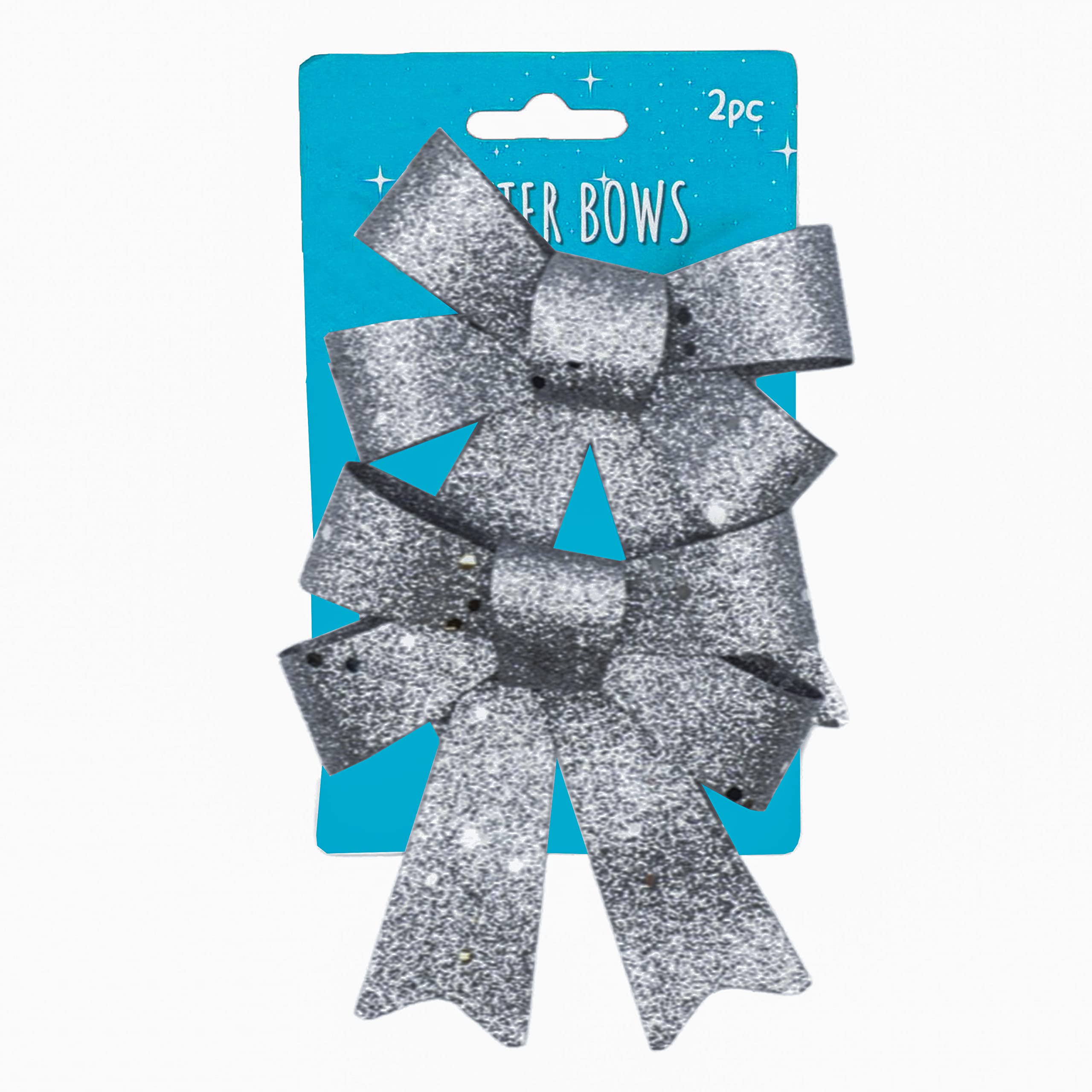 HOVUK 2x Silver Glitter Christmas Tree Bows, Christmas Ribbon Bows Ornaments, Wrapping Craft Supplies 11cm