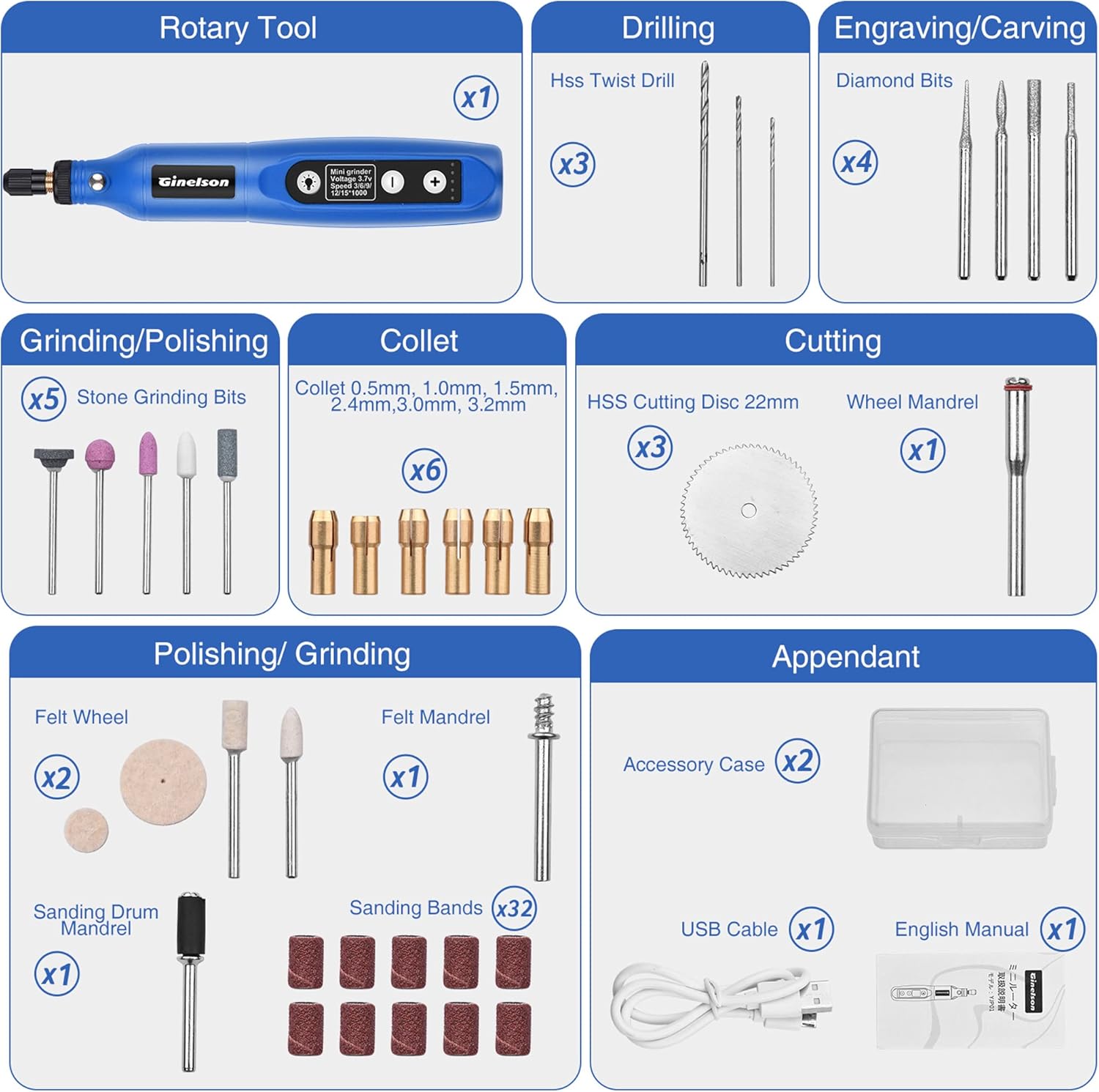 GINELSON Cordless Rotary Tool, 3.7V Li-ion Mini Rotary Accessory Kit with LED Light, 5-Speed and USB Charging Power Tool with 60 Accessories for Drilling, Engraving, Sanding, Polishing, and Cutting - - 