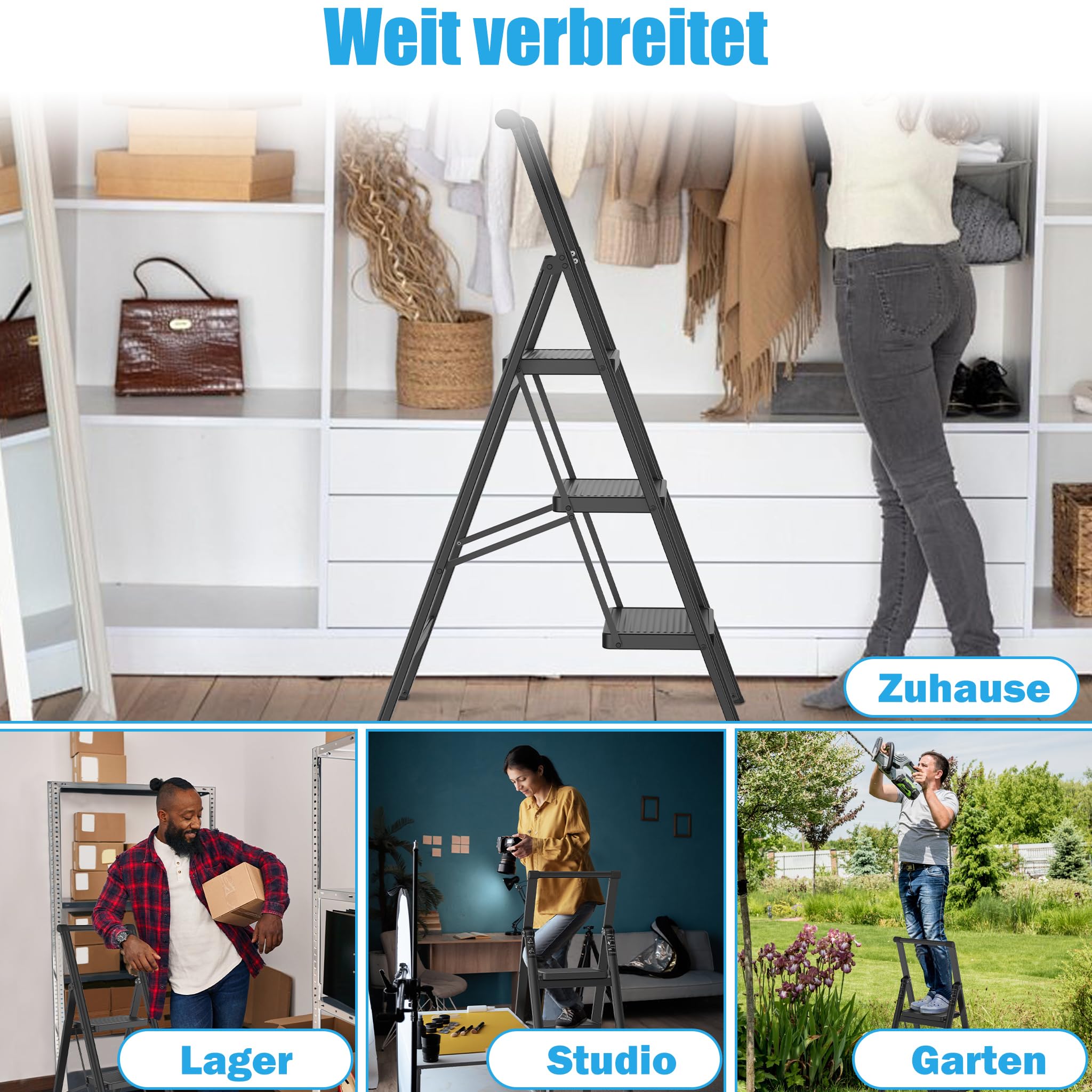 XMTECH Escabeau pliable à 3 marches avec main courante - Avec large pédale antidérapante - Charge maximale : 270 kg - Pour la maison, le bureau
