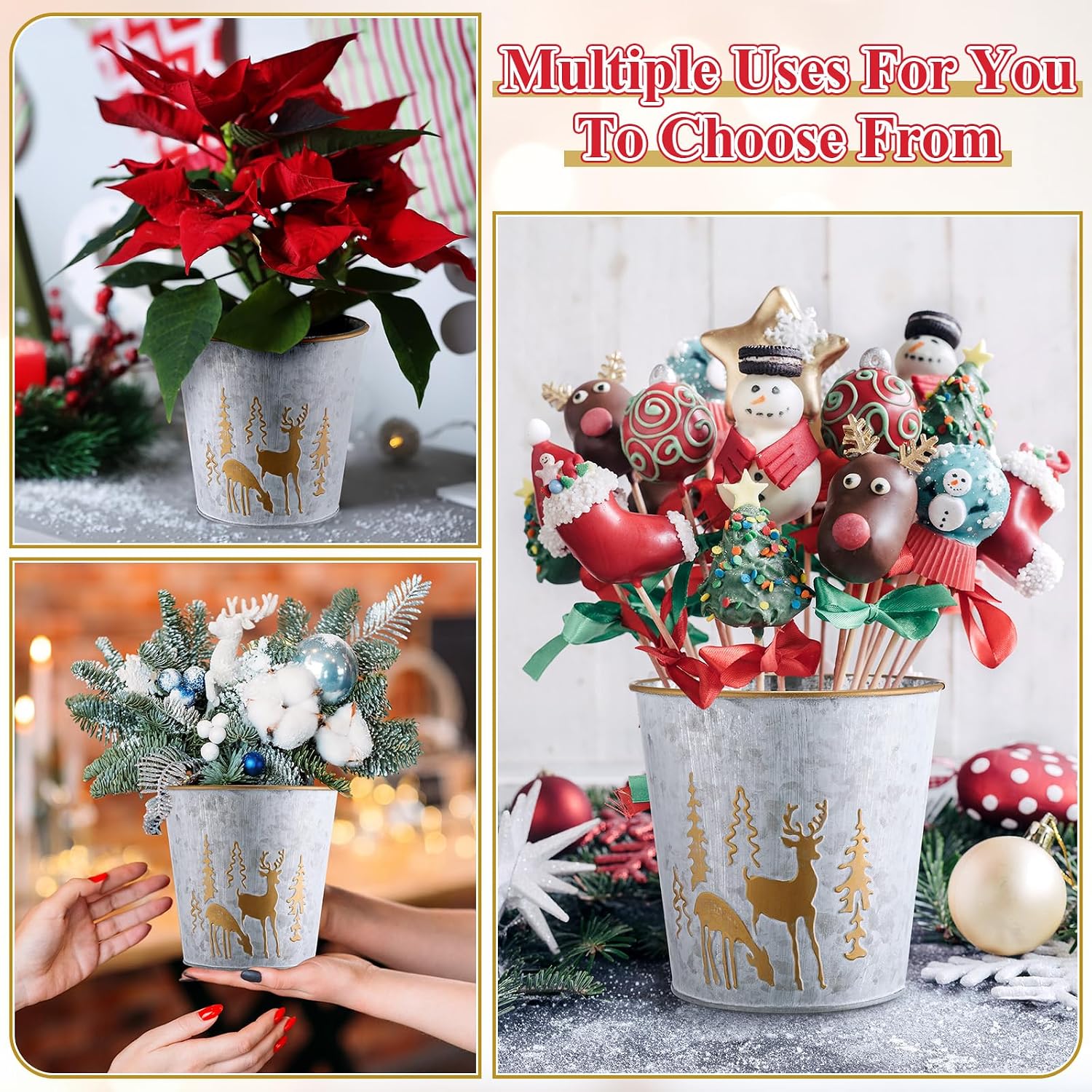 Zhehao 6 Pcs Christmas Galvanized Bucket 5.9'' Metal Basket Bucket Planters Pot Decorative Tin Farmhouse Vintage Flower Holder Decor for Xmas Home Outdoor Indoor(Elk Style)