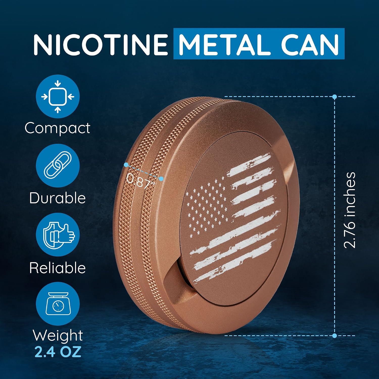 Premium Nicotine Pouch Container | Zyn Metal Can | Moisture & Odor Proof Snus Can | Zyn Accessories | Laser Engraved American Flag Design (Copper)