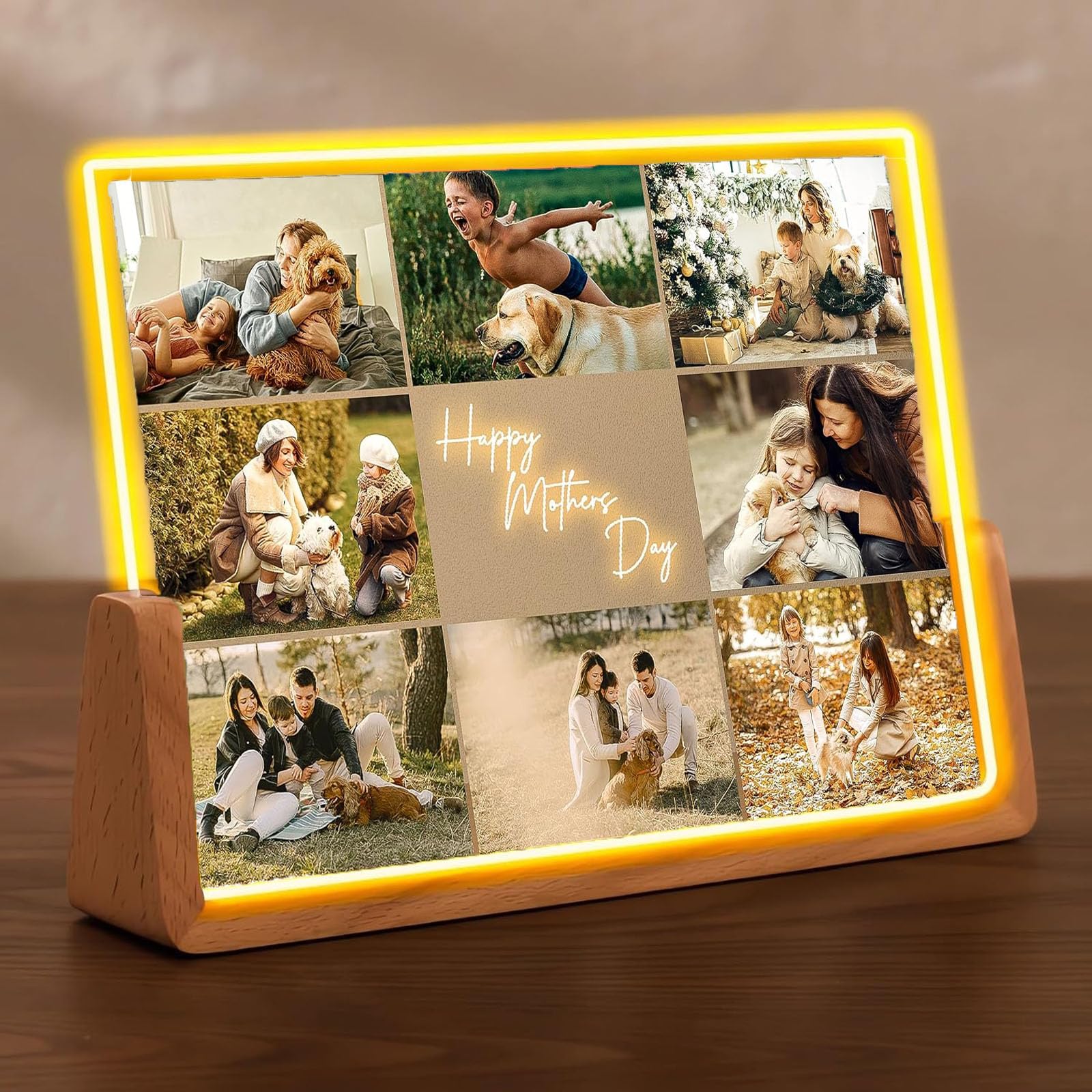 Cuadro Personalizado con Foto, Placa Personalizada de Acrílico con Luz Nocturna, Marco de Fotos Luminoso Personalizado para Familia Amigos Mamá Papá Niños Cumpleaños Aniversario Boda (8 Fotos)