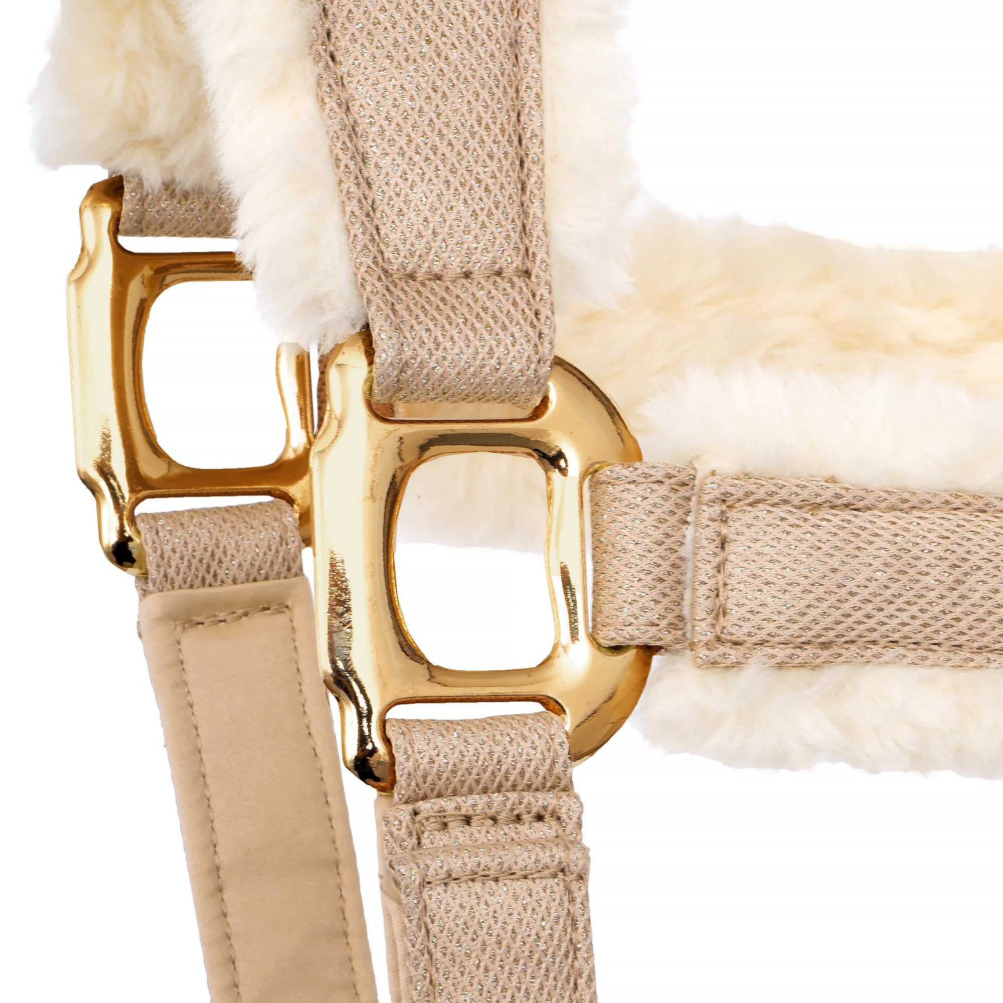 Glitzer Mesh Kopfgeschirr – Verstellbares Halfter für Pferde mit Fauxfur Polsterung – Komfortabel, Atmungsaktiv & Stilvoll - Rotterdam (Beige, Pony)