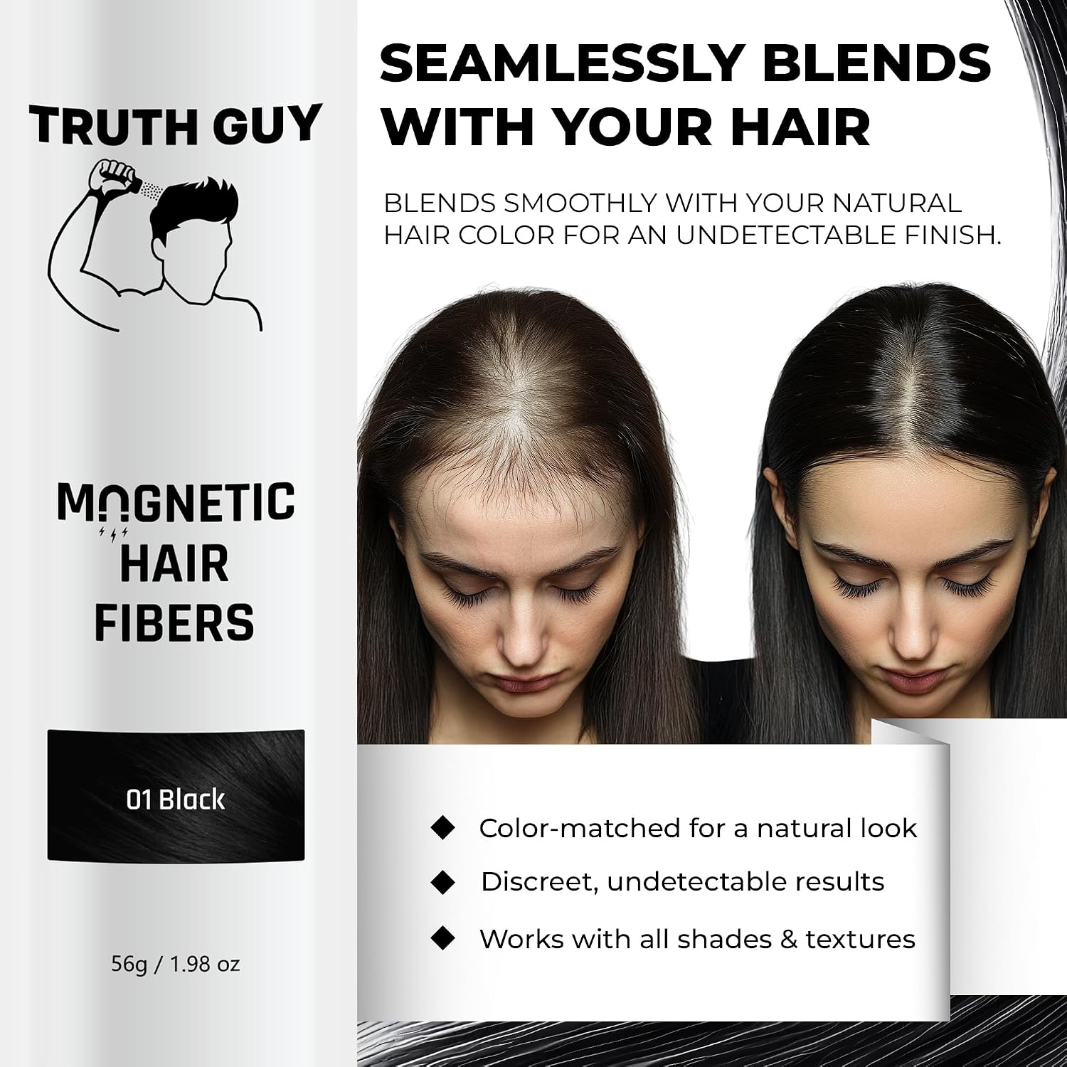 Truth Guy Magnetic Hair Building Fibers for Thinning Hair - Adds Volume & Thickness with Static Electricity Technology - Easy Application for Men & Women, Quick Results, Mess-Free. 2 oz. Medium Brown image 4