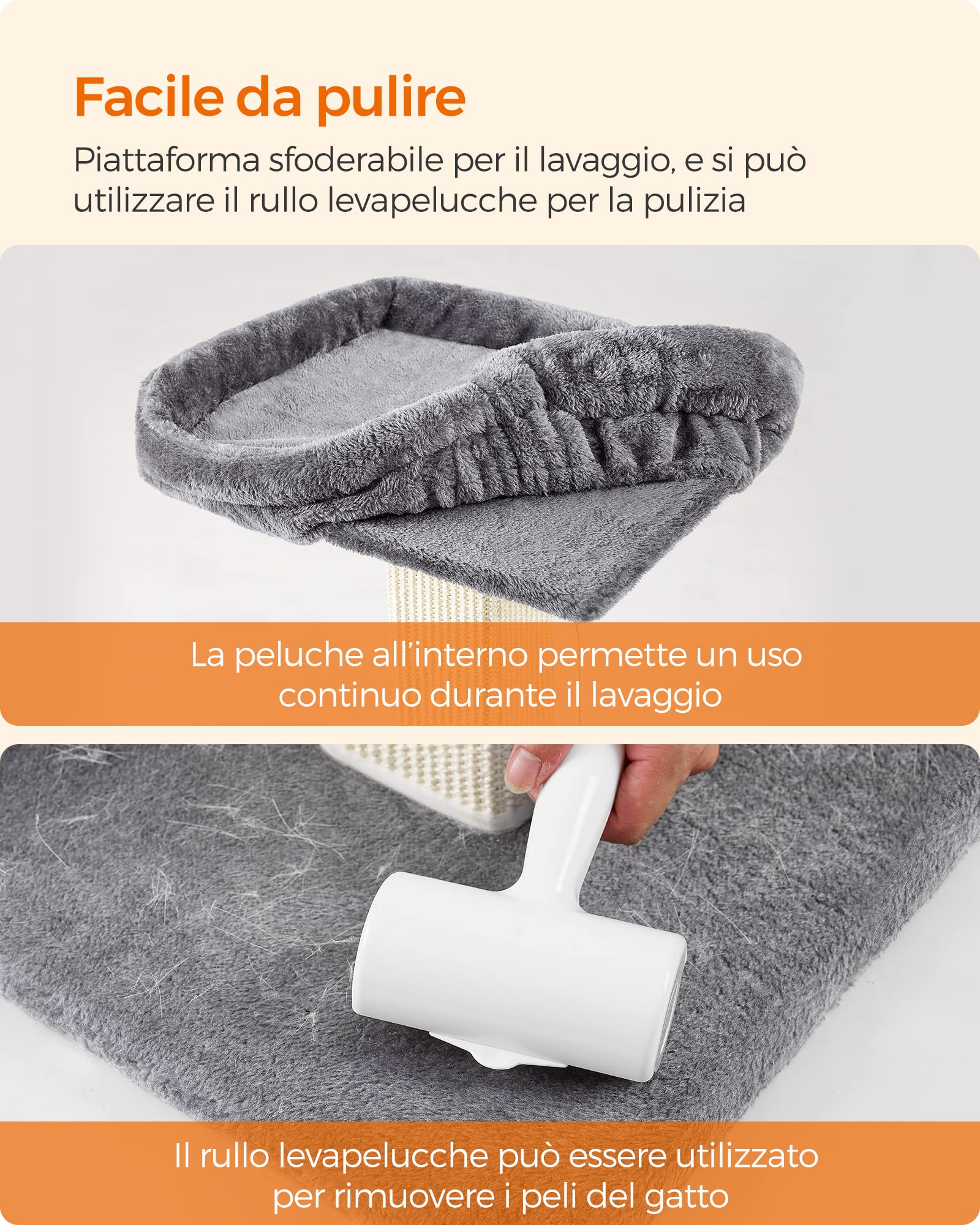 Feandrea Albero per Gatti, Tiragraffi con Piattaforma in Peluche da 40 x 30 cm, Graffiatoio per Gatti, Alto 71 cm, Colonna con Sisal Intrecciato, Base 45 x 40 cm, con Pompon, Grigio Chiaro PCA022W01