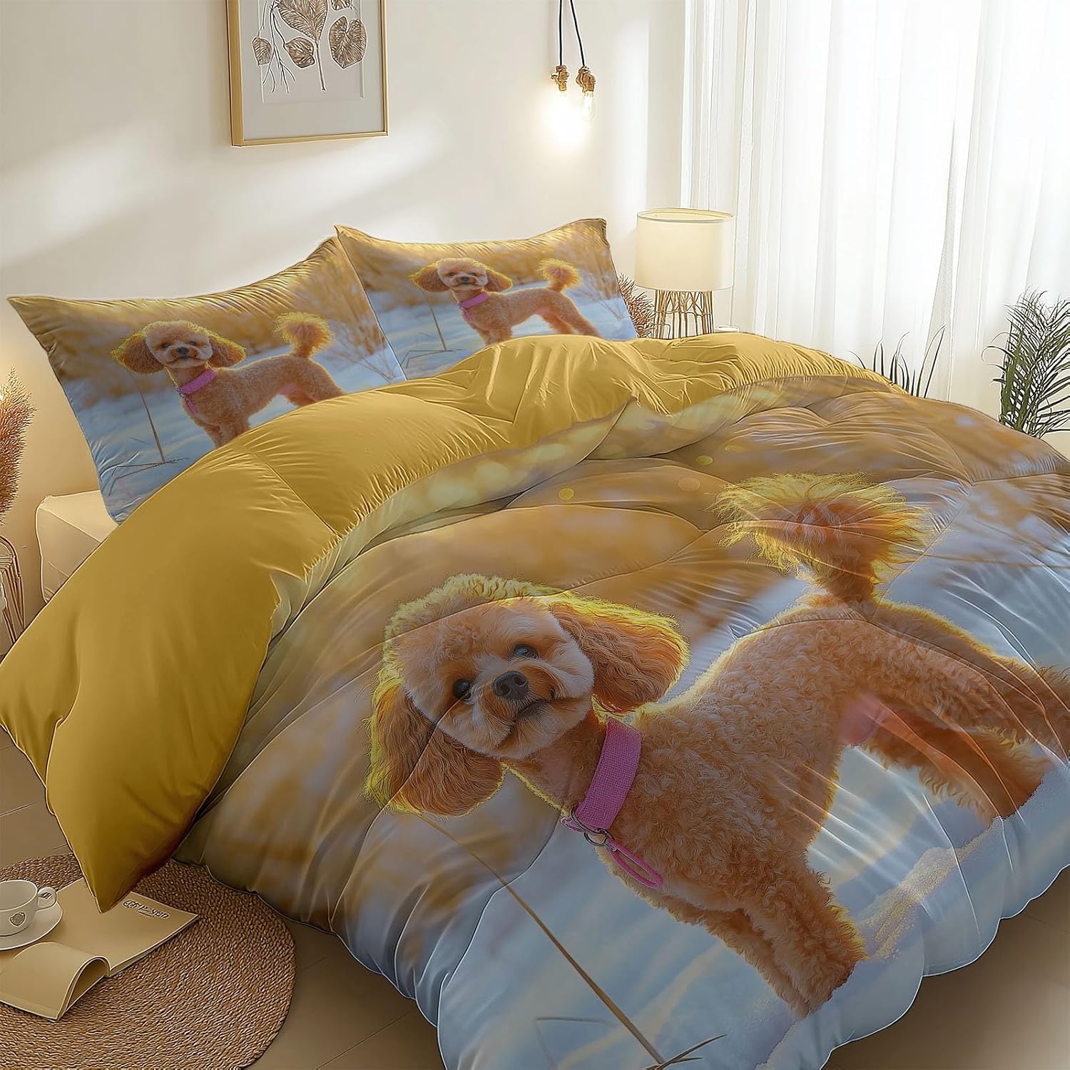 3PCS Blue Duvet Cover Set, Animals Snow Poodle Pattern Bedding with Zipper Closure, Duvet Cover Full Size Print for Girls Kids and Teens Home Décor