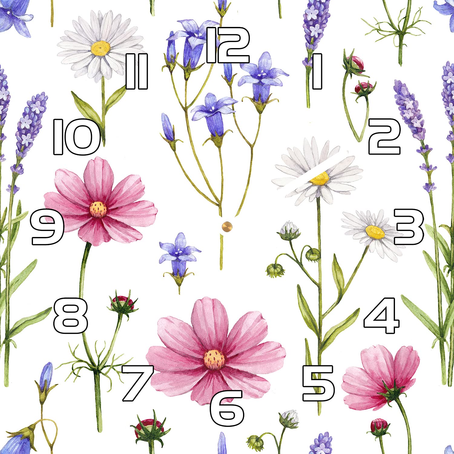 Horloge en verre 30x30 cm Fleurs Sauvages avec aiguilles noires pour une déco murale de salon