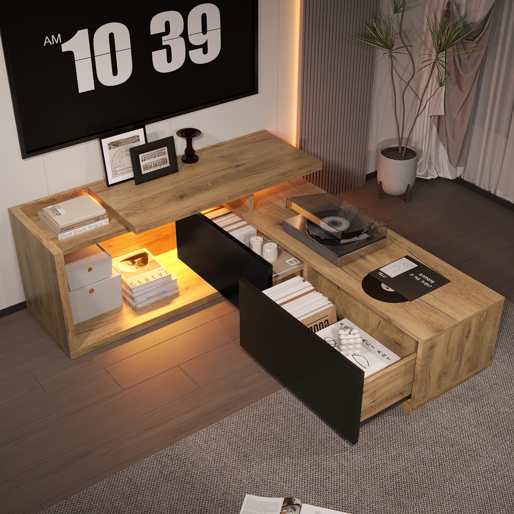 Azkoeesy Mobile TV con illuminazione a LED e 2 cassetti, con modulo mobile, lunghezza regolabile da 133 a 200 cm, venature in legno con colore nero (200 x 40 x 45 cm)