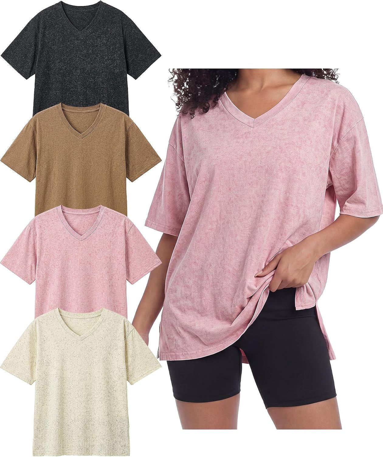 4 Pack Women's Vintage Oversized T-Shirt - Acid Wash Style Short Sleeve Baggy Tee V-Neck for Boyfriend Streetwear