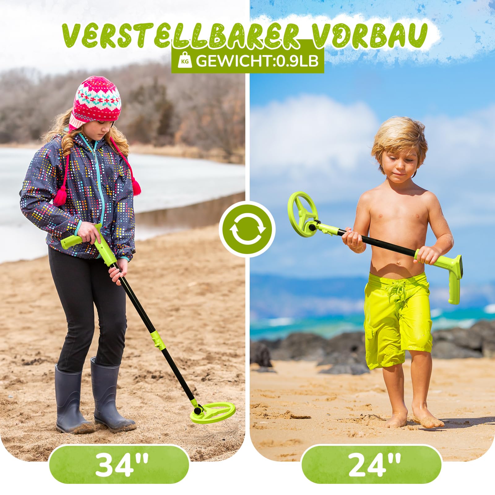 Metalldetektor Kinder, Smofrees Über USB Wiederaufladbarer Kleiner Kinder Metalldetektor, Verstellbarer 60-86cm Tragbarer metalldetektor mit lustigem LCD-Display für die Erkundung im Freien, Lichtgrün