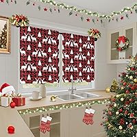 Vista 2 de Juego de 2 cortinas de cocina a cuadros de Navidad, diseño de ciervos de árbol, color rojo, cortinas cortas para decoración de cocina, sobre Cuadros