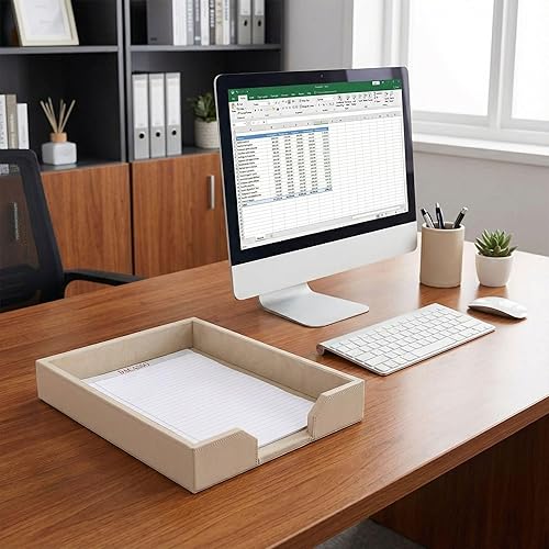 Miniatura 6 de DACASSO Bandeja de cuero regenerado para cartas de escritorio, soporte de letras de lujo y organizador de papel para escritorio, organización de