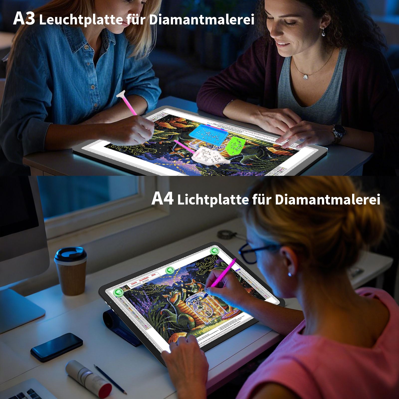 HIUKCOLED Leuchttisch A4 Wiederaufladbar LED-Leuchtplatte 3 Farbtemperaturen dimmbar und 6 Helligkeitsstufen Leuchttafel zum Nachzeichnen,wiederaufladbare LED-Kopiertafel für Diamantmalerei