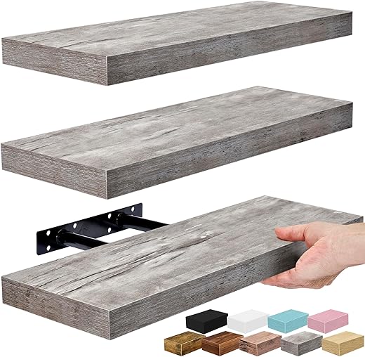 Sorbus Floating Shelves for Wall, Bathroom Shelves Wall Mounted for Kitchen, Bedroom, Bathroom Storage Over Toilet, Hanging Book Shelf for Wall Home Decor Living Room (Gray, 3 Pack)