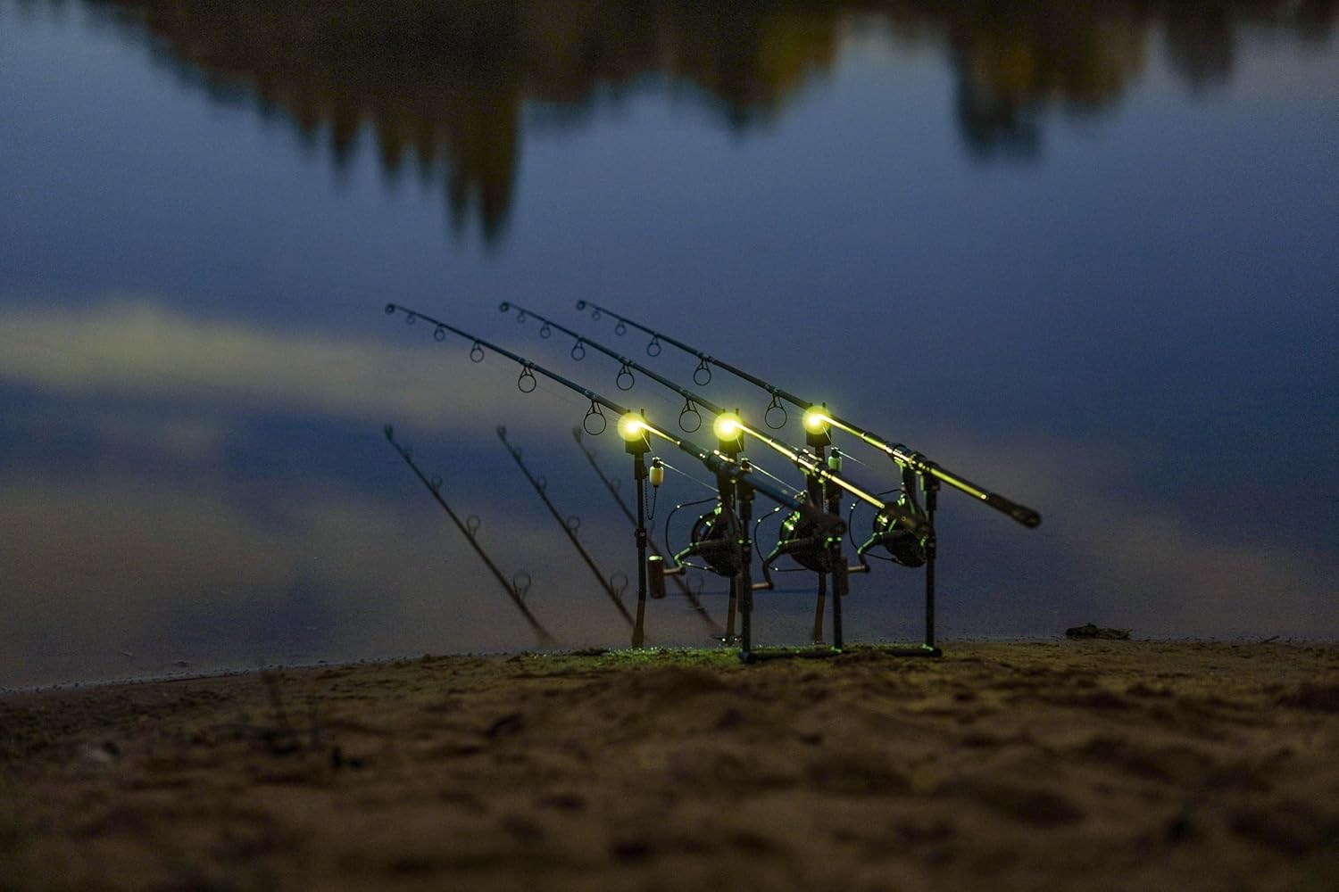 Fishing rods with S9pro alarms showing yellow nightlight