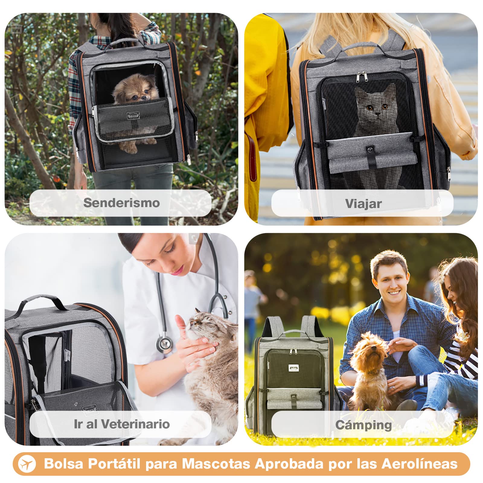 Transportin Gato Extensible con 4 Entradas | Mochila Transpirable - Transportin Perro Pequeño con Arnés Interno - Carga Máxima 8kg - Impermeable - Gris