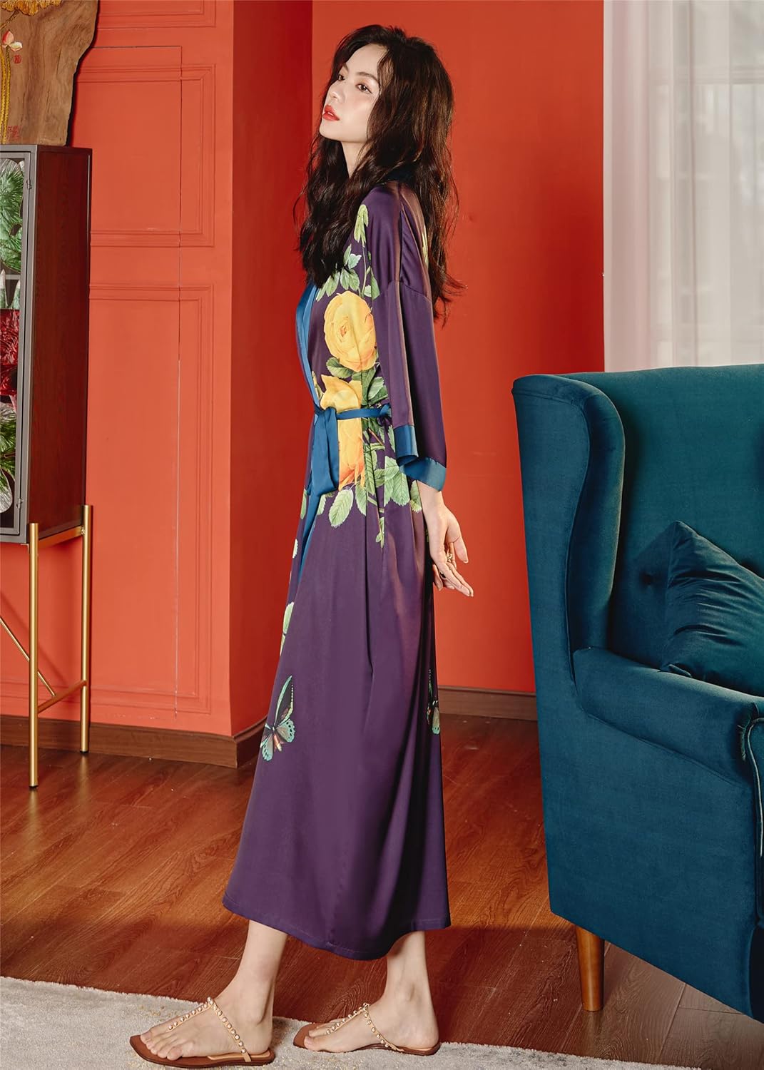 Women's Floral Long Kimono Robe Long Satin Robe Long Silk Robe Ladies Kimonos Silky Bathrobe Cover Up, One Size - Image 5