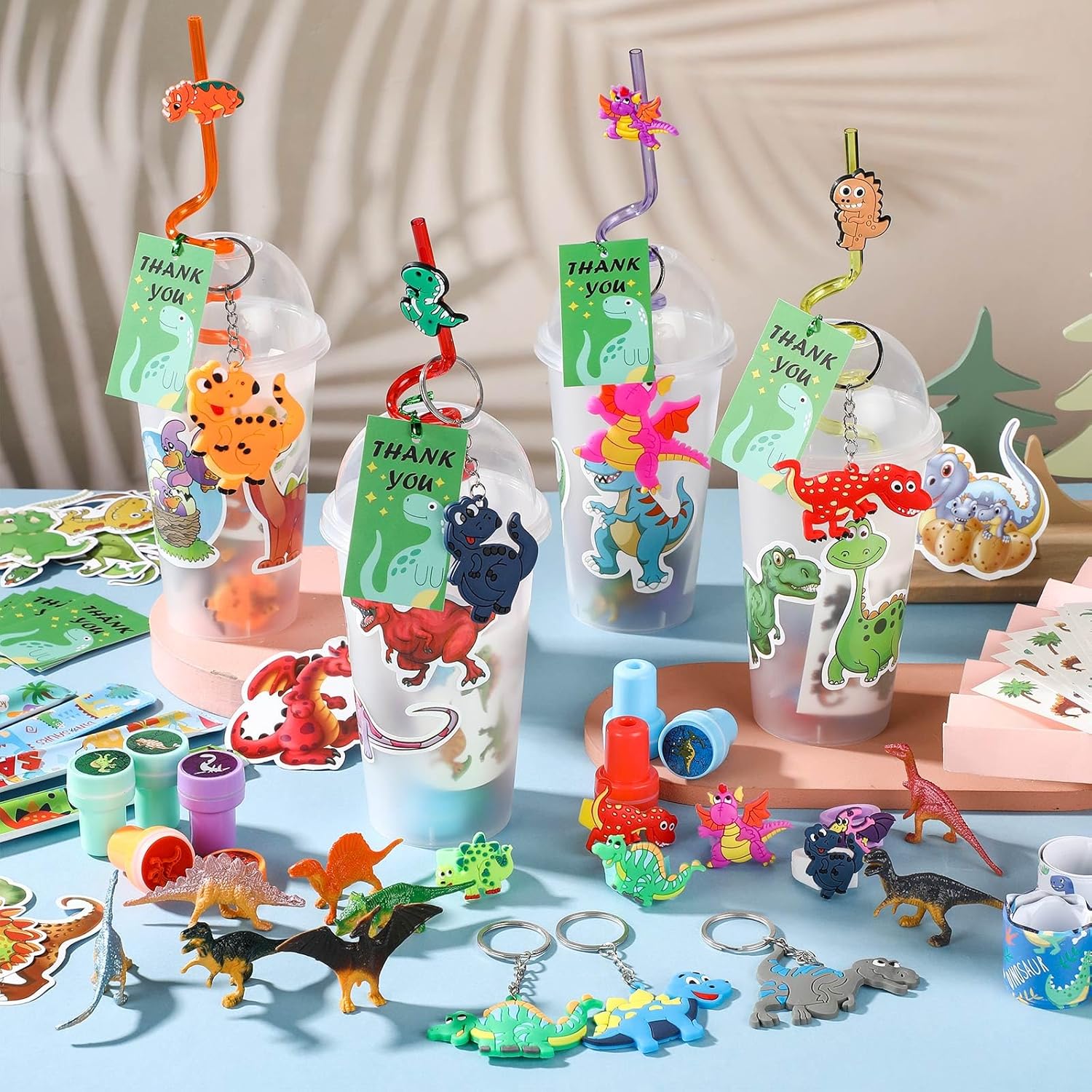 Qilery 195 Pcs Dinosaur Party Favors Bags Birthday Includes Plastic Cup with Lid Straw Keychain Bracelet Ring Stamper Stickers Tag for Party Favors Piñata Filling