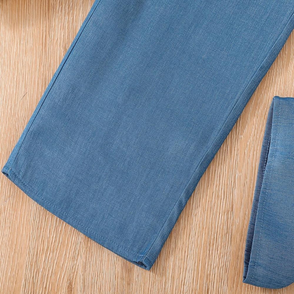 Girls Latern Long Sleeve T Shirts Causal Peter Pan Collar Tunic Blouse and Faux Denim Wide Leg Pants Fall Outfits Set