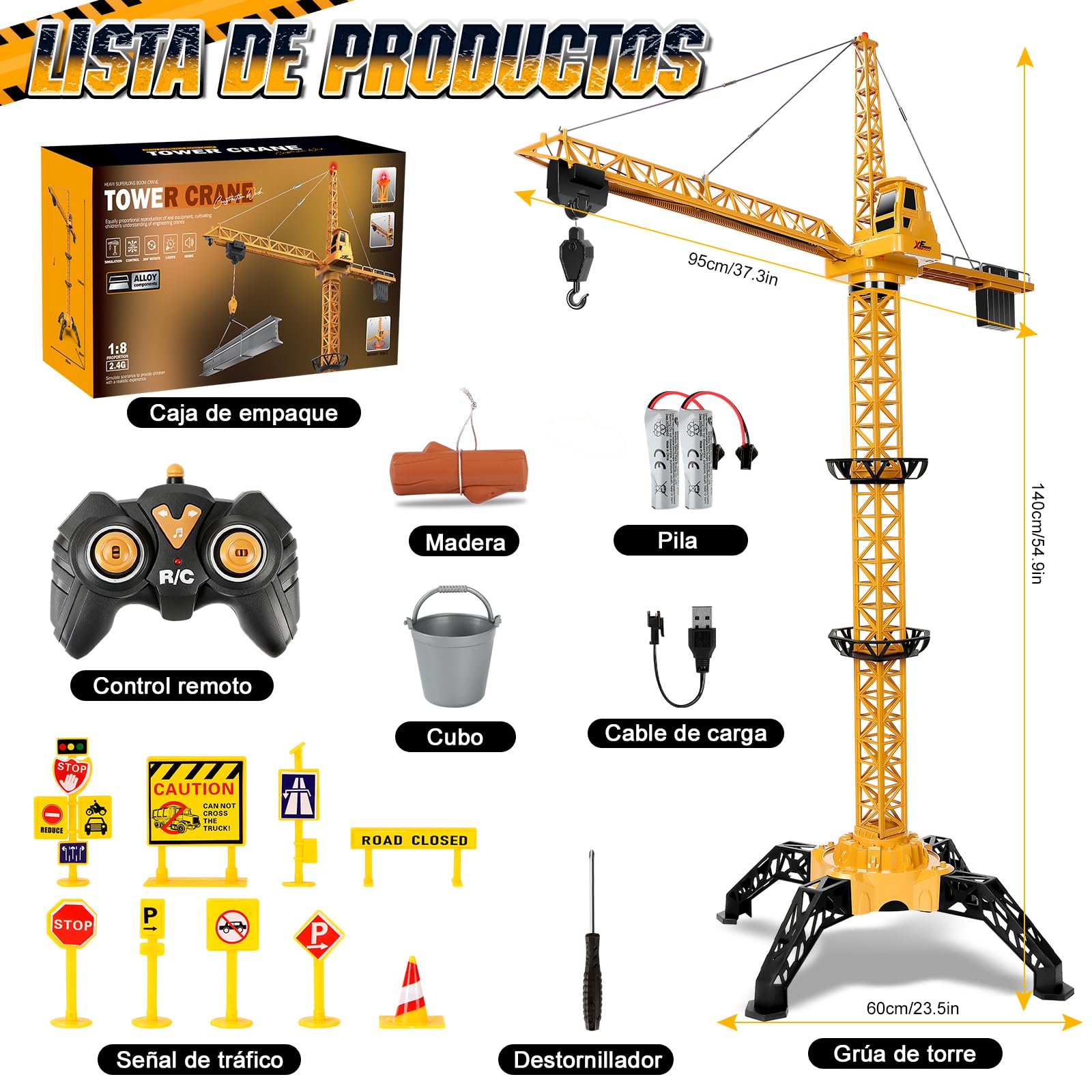 Herenear Gruas de Juguete Teledirigida, 140cm Grúa Torre Teledirigida con Luces y Mando a Distancia, 2.4GHz Grua Teledirigida 360 Grado Rotación para Niños