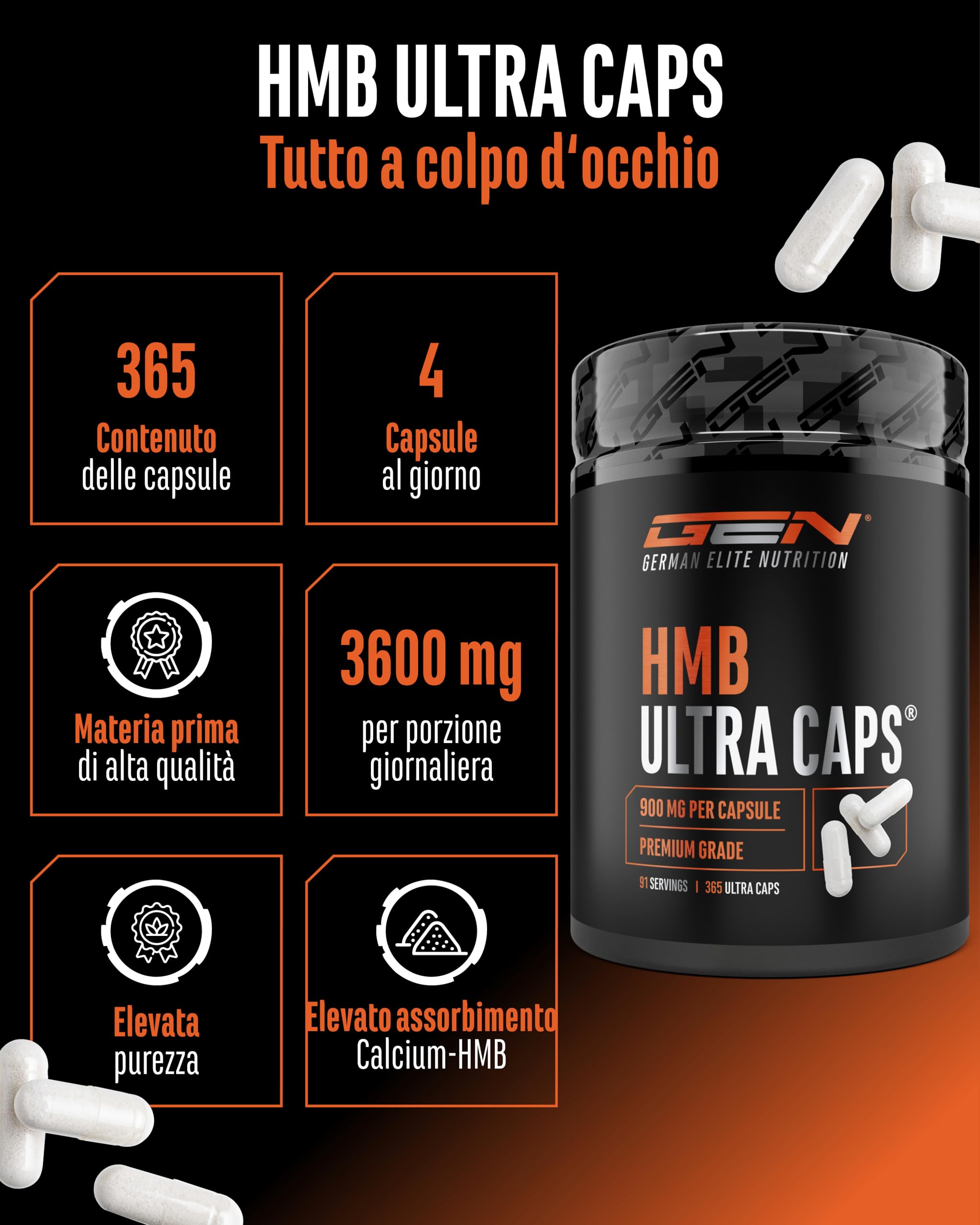 HMB Ultra Caps - 365 capsule - Altamente dosato con 3600 mg di calcio β-idrossi-β-metilbutirrato puro (calcio HMB) per dose giornaliera - Senza additivi inutili