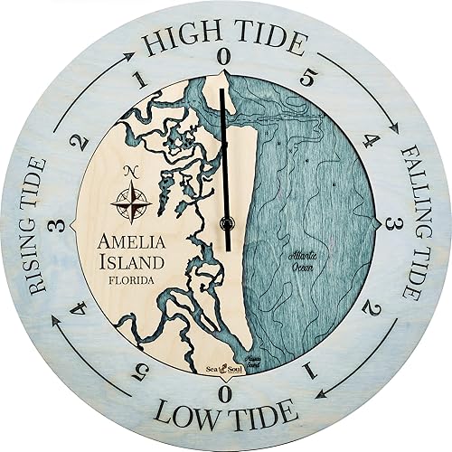 Sea & Soul Amelia Island - Reloj de marea de profundidad de agua 3D, reloj de marea alta con mapa náutico, regalo de pescador, decoración costera,