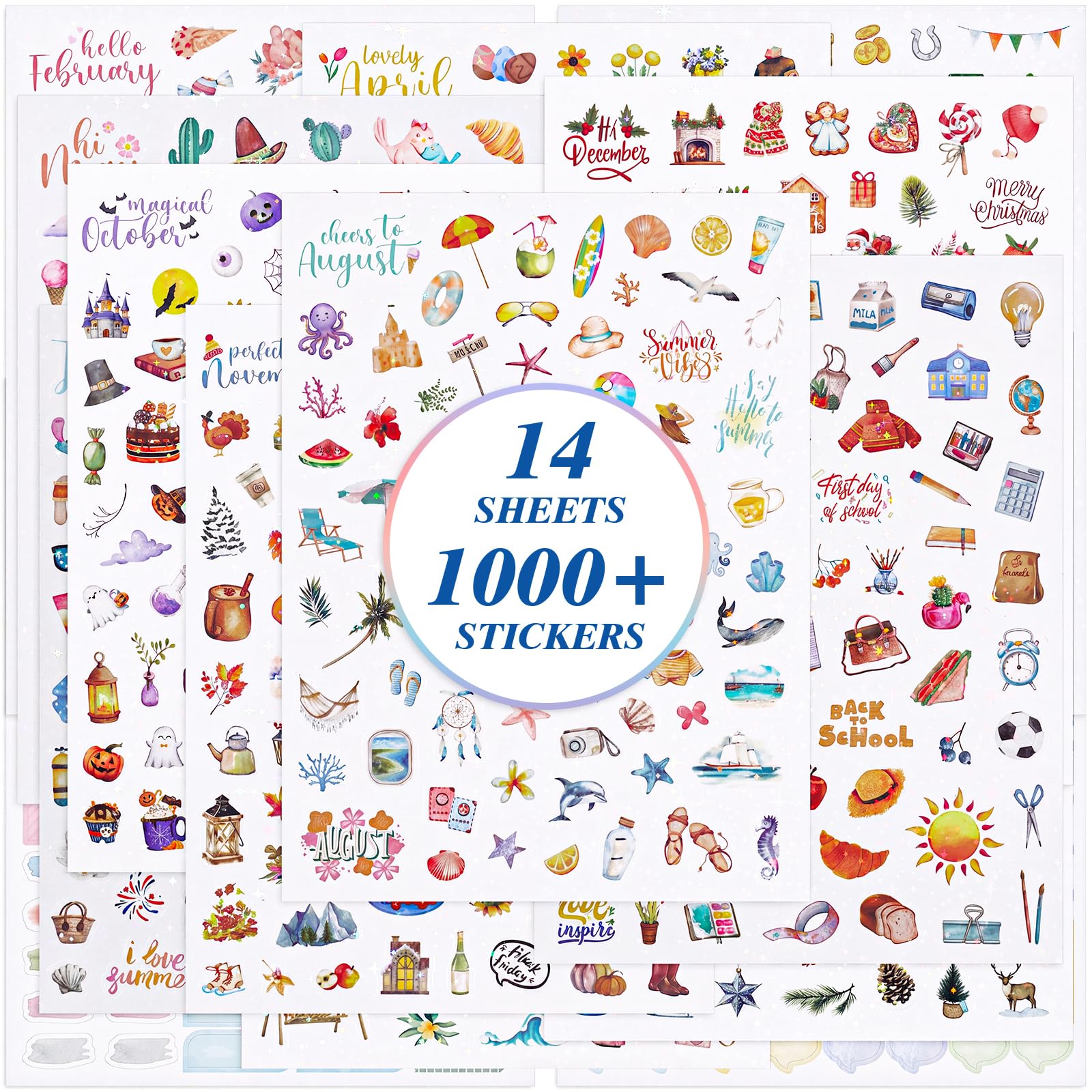 BESARME Ponad 1000 naklejek do planowania, błyszcząca folia | Naklejki do scrapbookingu na kalendarz, sezonowe naklejki dla kobiet, samoprzylepne, świąteczne i miesięczne wzory