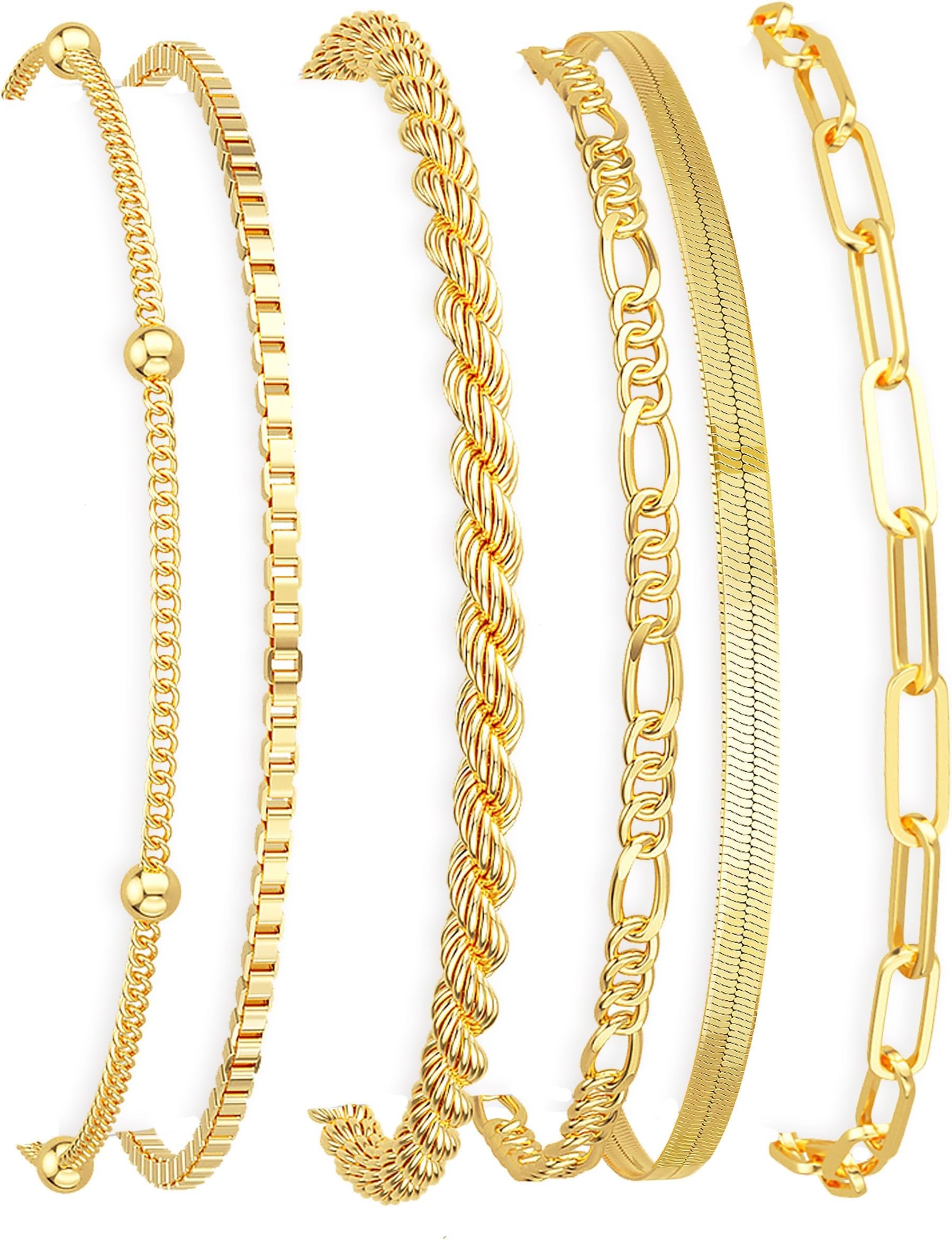 Gold Bracelets for Women Waterproof, 14K Gold Plated Stackable Jewelry Sets Non Tarnish Trendy Thin Dainty Cuban Link Paperclip Chain Bracelet Stack Fashion Accessories Gifts for Womens