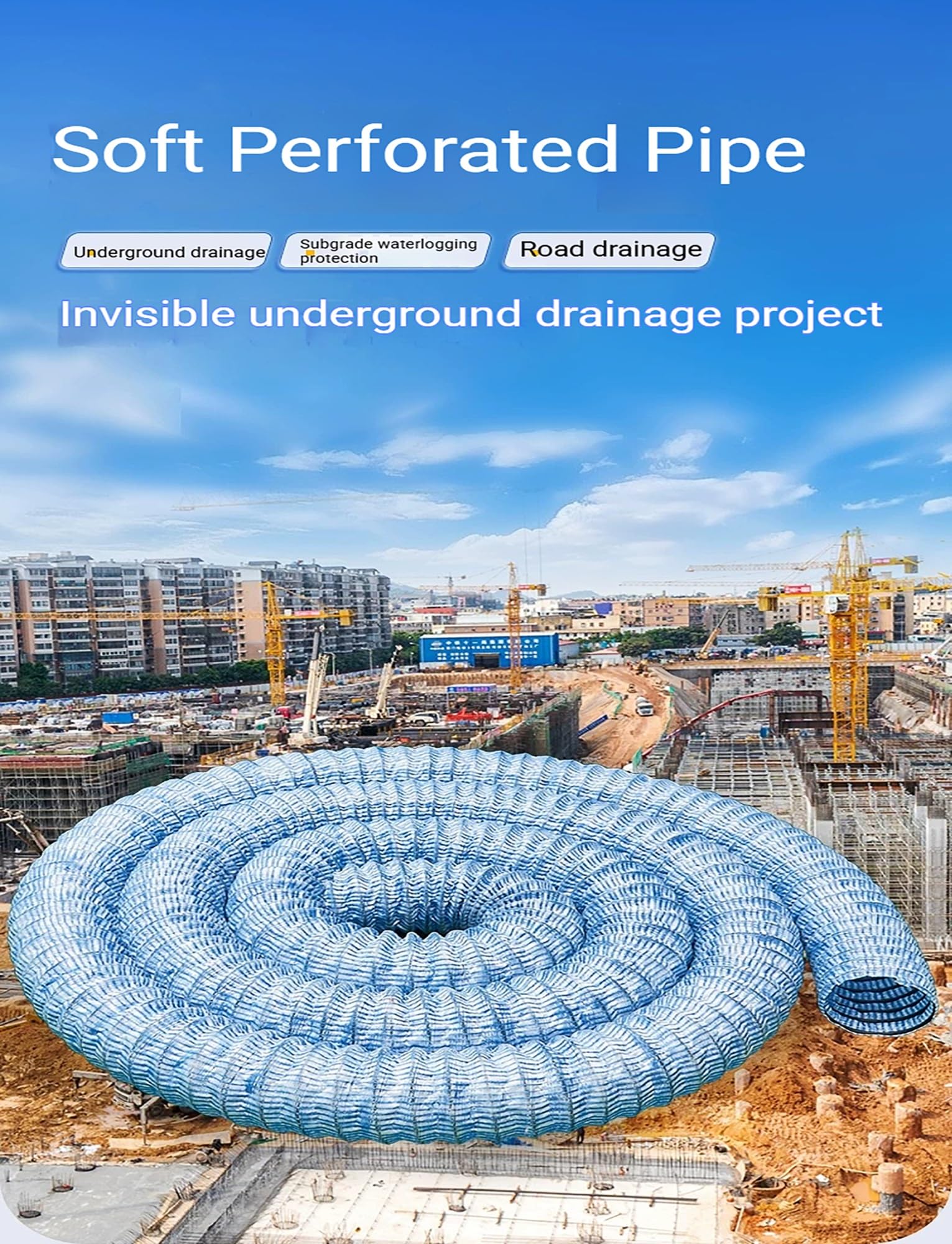 Tubería de drenaje francesa, Tubería de drenaje francesa perforada flexible, Francés de infiltración suave de 2/3/4/6/8 pulgadas, Solución flexible(200mm/8in,433in/1100cm)
