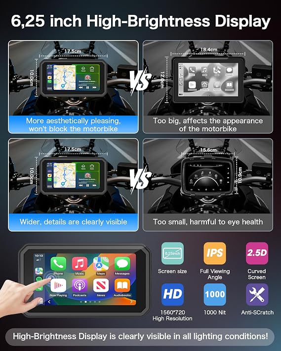 Jansite 6.25'' Motorcycle CarPlay Android Auto 4K Motorbike Dash cam