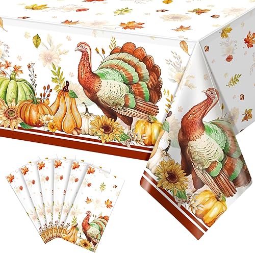 Paquete de 6 manteles desechables de Acción de Gracias, manteles de plástico para mesas rectangulares, acuarela, pavo, calabaza, hojas de arce, para