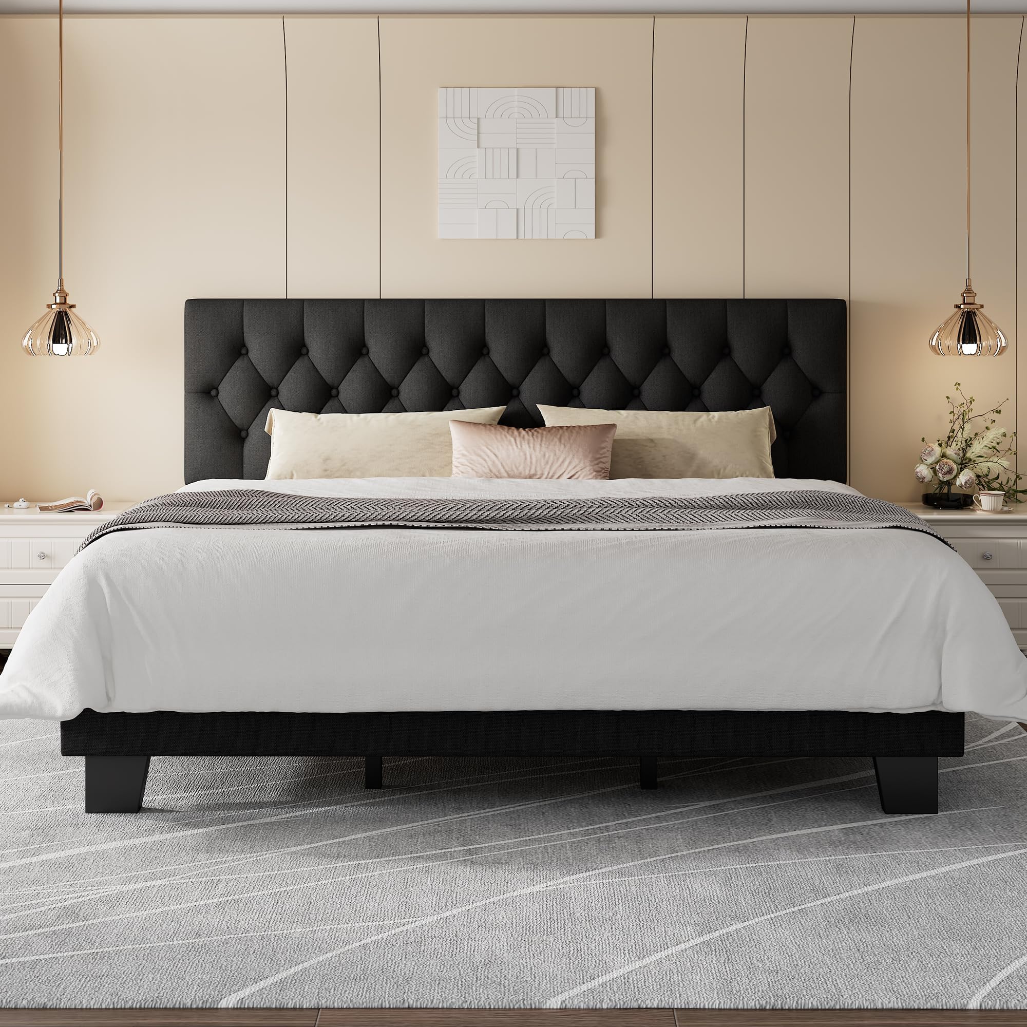 Feonase King Size Platform Bed Frame Upholstered Bed with Button Tufted Headboard Heavy Duty Wooden Slats Thickened Feet