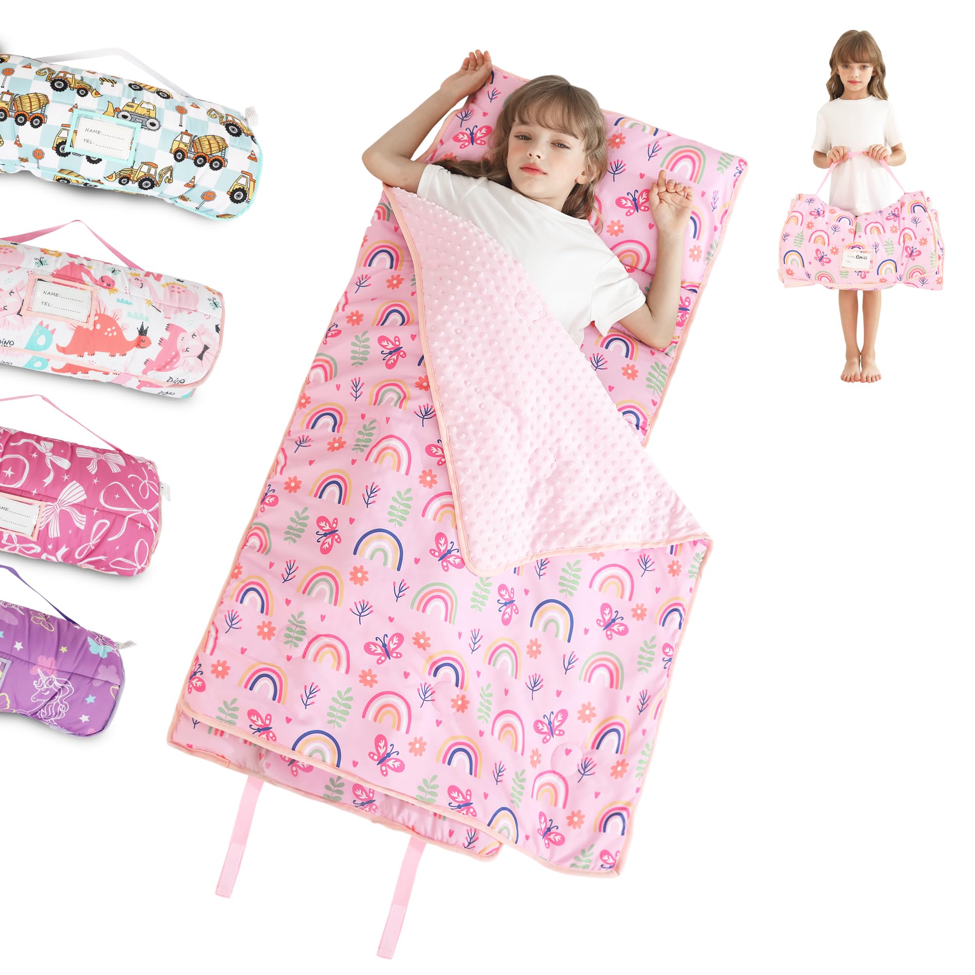 Toddler Nap Mat for Preschool 50''x30'' Sleeping Mat with Removable Pillow and Minky Blanket for Kids Ages 3-7 Roll Up Soft Sleeping Bag for Boys Girls Kindergarten Daycare Sleepover