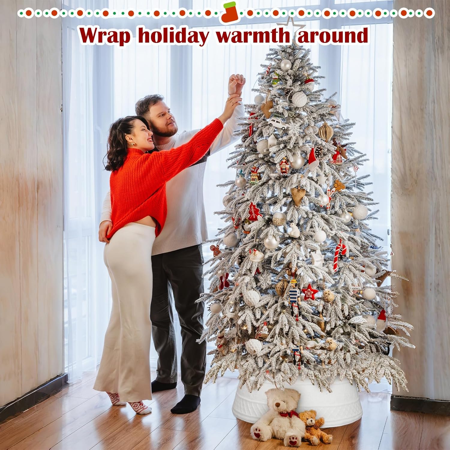 VioraWhite 28 Inch Christmas Tree Collar, Neutral Chunky Cable Knit Tree Base Cover Ring Skirt, Rustic Farmhouse Basket Collar for Xmas Home Office Holiday Decor, Fits 4-6 ft Trees(White)