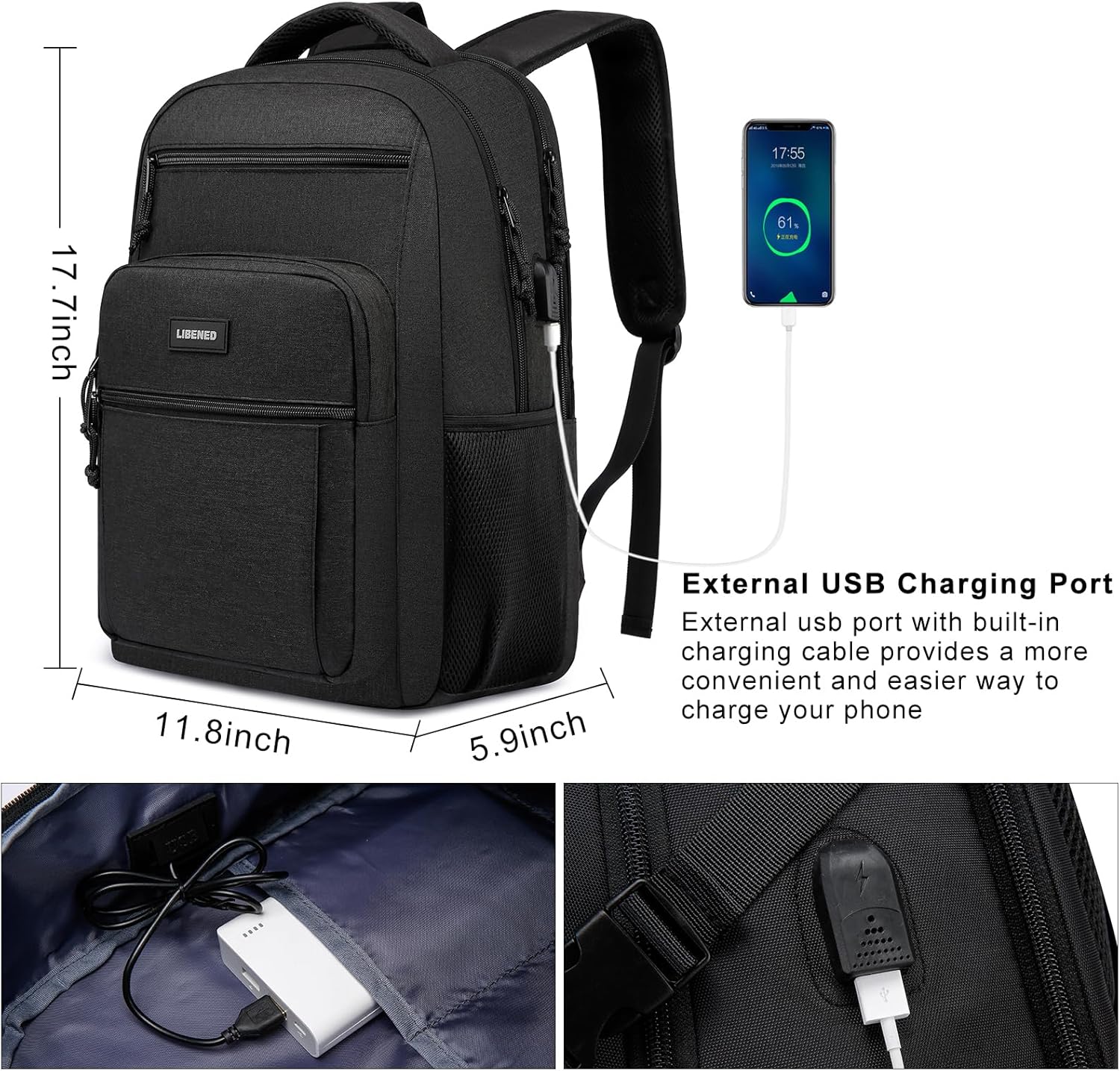 School Backpack for Teen Boys and Men - 15.6 Inch Laptop Backpack with USB Charging Port, Anti-Theft, Water-Resistant Sturdy - Ergonomic, Multiple Pockets, College, Black - Image 4
