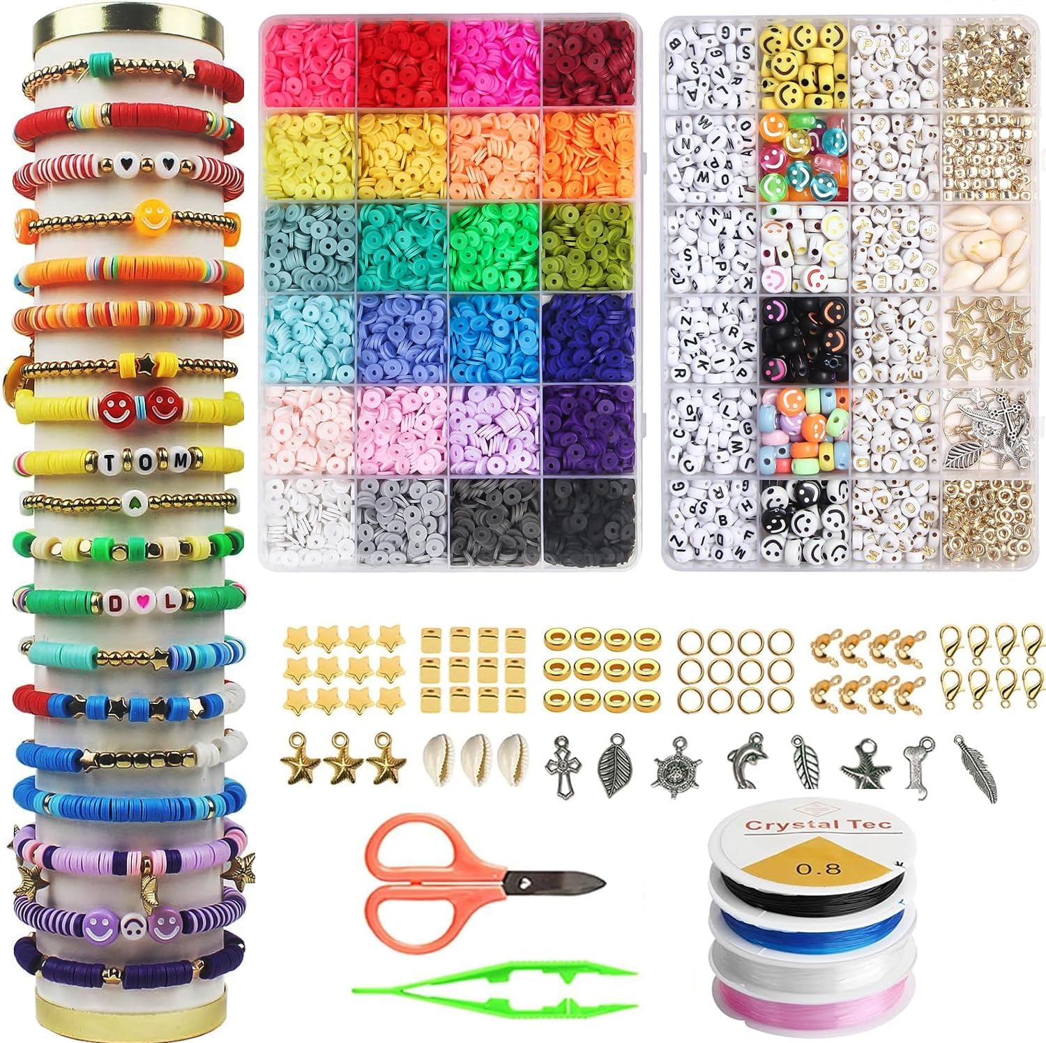 7200 Pcs Clay Beads Bracelet Making Kit 24 Colors Flat Preppy Beads for