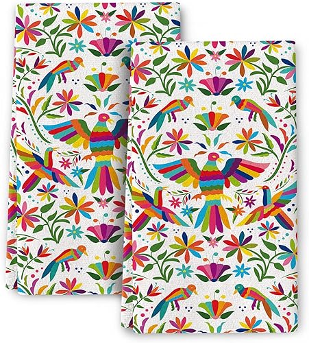 Cukemip Juego de 2 toallas de cocina coloridas y tradicionales mexicanas con diseño de pájaros, suaves y absorbentes, toallas de mano bohemias para