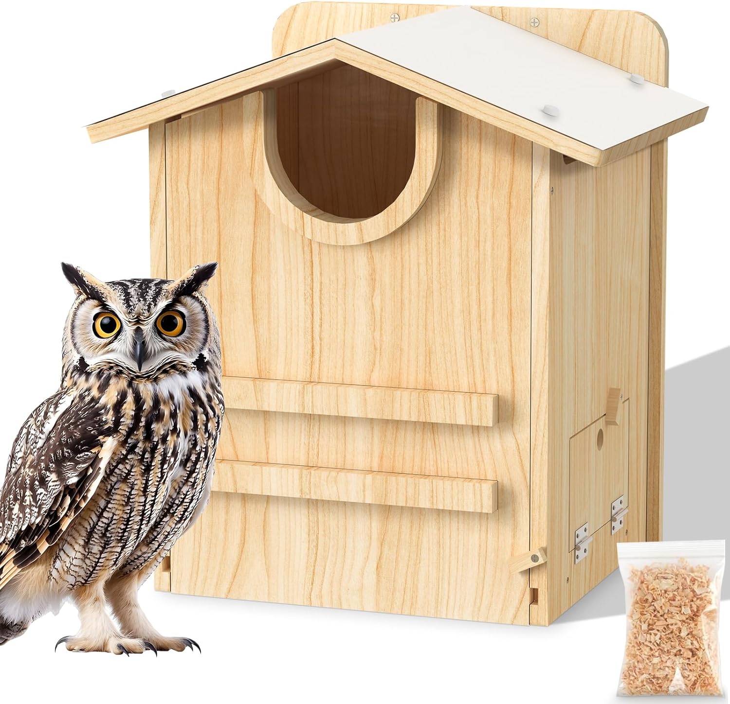 Owl House, Chuiendi Owl Nesting Box for Outside 15.710.512.2 Inches, Wood Screech Nest Box with Wood Chips and Feeding Trough, Barred and Screech Bird Nesting Box for Wildlife Barn Great Horned