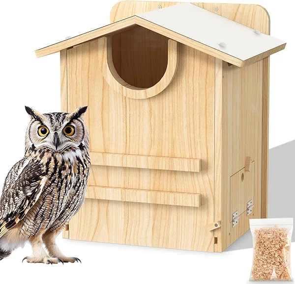 Owl House, Chuiendi Owl Nesting Box for Outside 15.7×10.5×12.2 Inches, Wood Screech Nest Box with Wood Chips and Feeding Trough, Barred and Screech Bird Nesting Box for Wildlife Barn Great Horned
