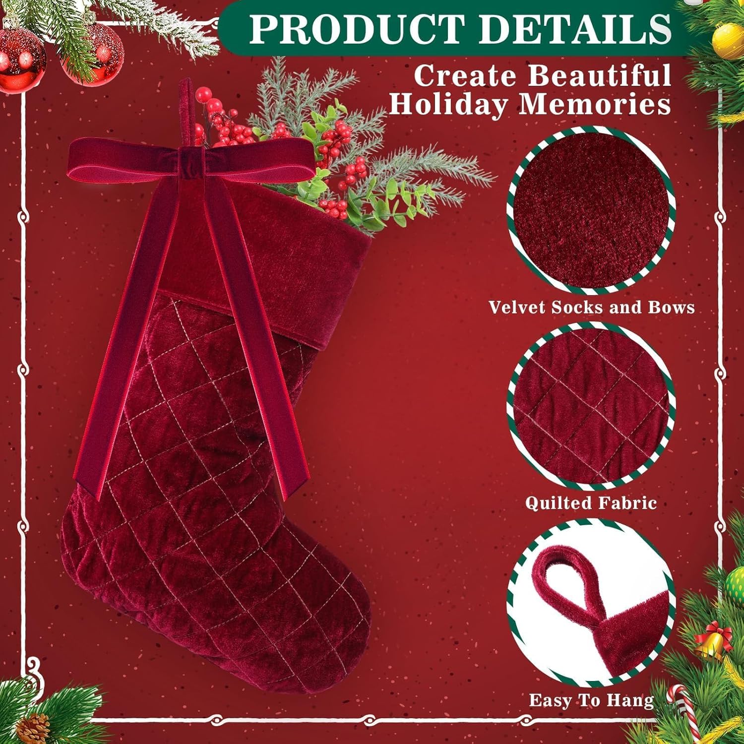 Olgaa Christmas Stockings Set of 4 Luxury Personalized Vintage Velvet 18 Inches Large Size with Bows Red Green Stocking Gifts Decorations for Fireplace Home Family Holiday Xmas Party (Mix Color) - Image 4