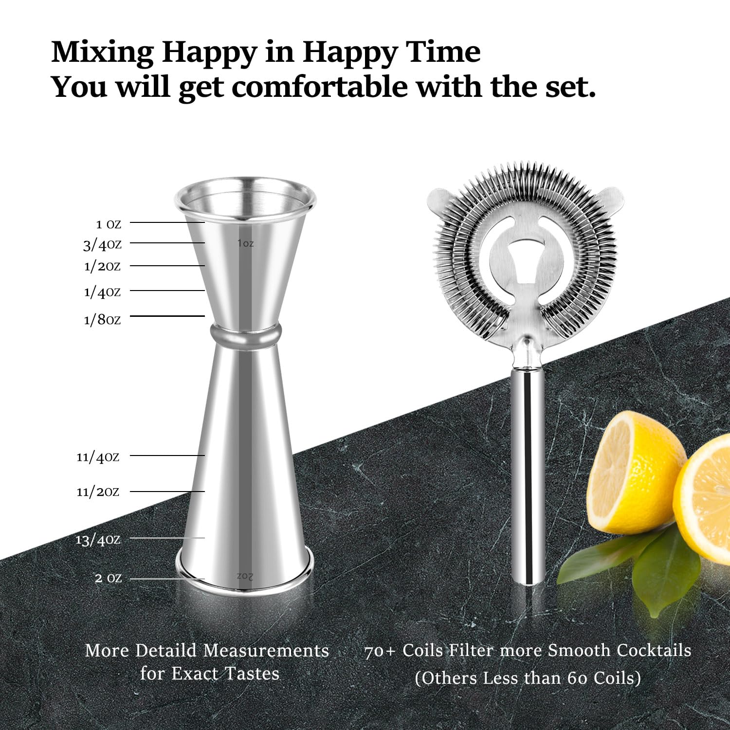 Lexenic Set professionale per cocktail da barista, set da 6 pezzi – Set di strumenti per bar – Kit miscelatore per bevande con strumenti accessori: tappetino da bar, shaker Martini, misurino, colino,