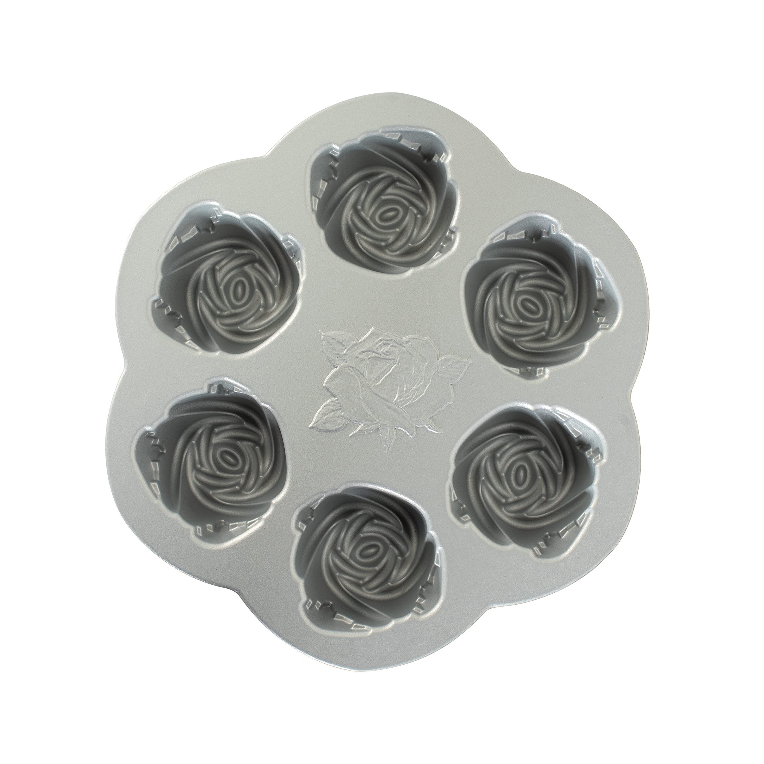 Nordic Ware Molde para tartas con diseño de rosas, bandeja de repostería de aluminio con motivos florales, para 6 tartas pequeñas, antiadherente, fabricado en EE. UU., color: toffee