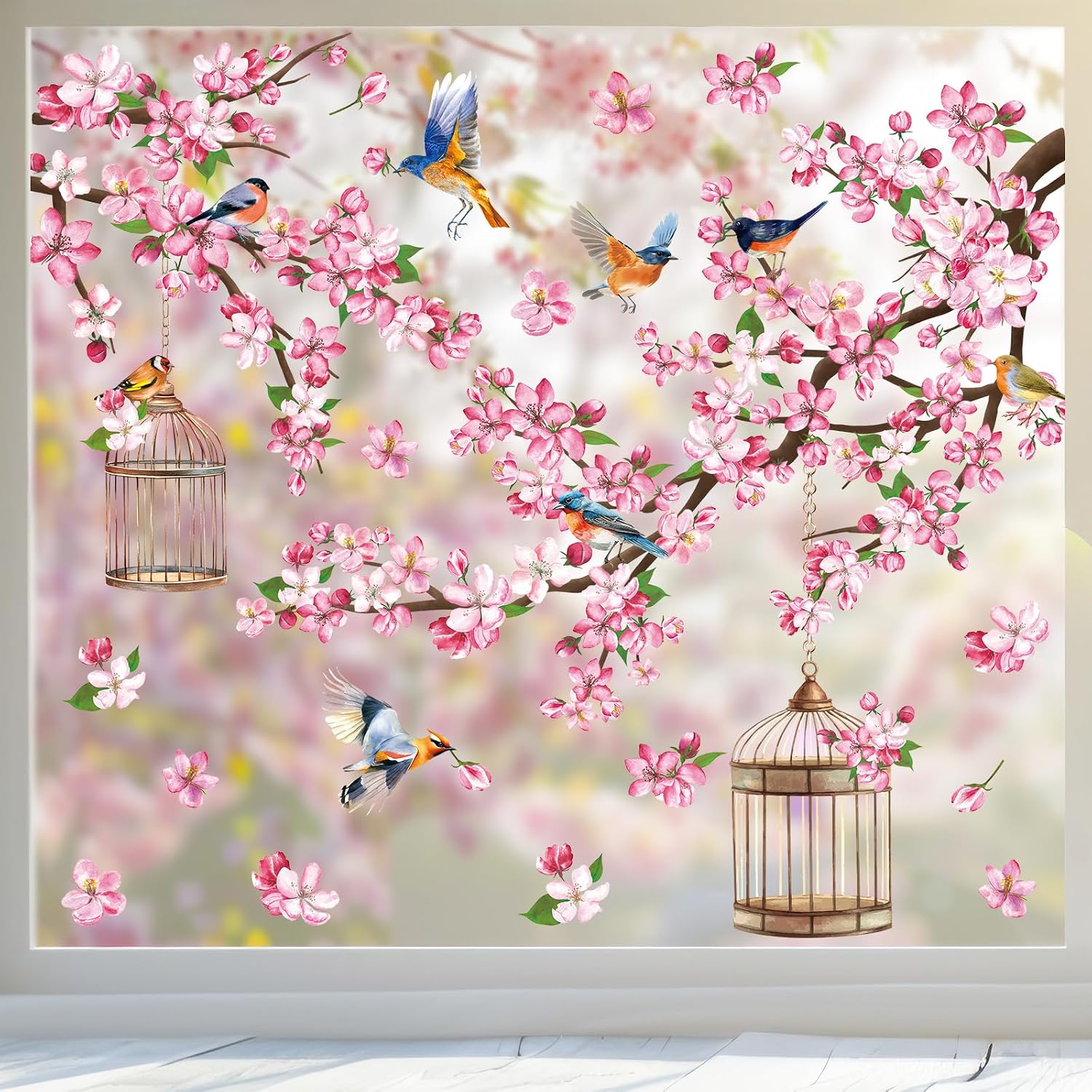 FYSUIMU 9 Sheets Spring Cherry Blossom Window Cling Stickers Pink Flower Branch Bird Window Decals Watercolor Floral Reusable Decoration for Party Home Classroom