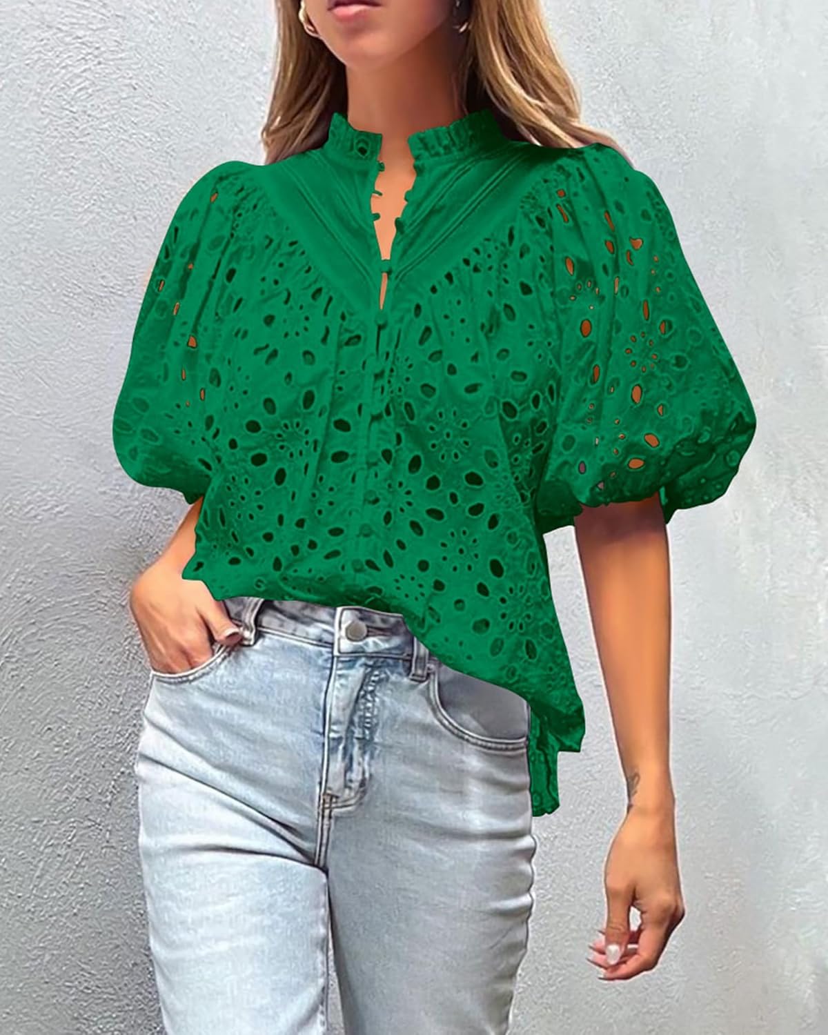 Women's Casual Summer Blouse Tops Hollow Out Eyelet Embroidery V Neck Buttons Puff Short Sleeve Dressy Boho Shirt - Image 4