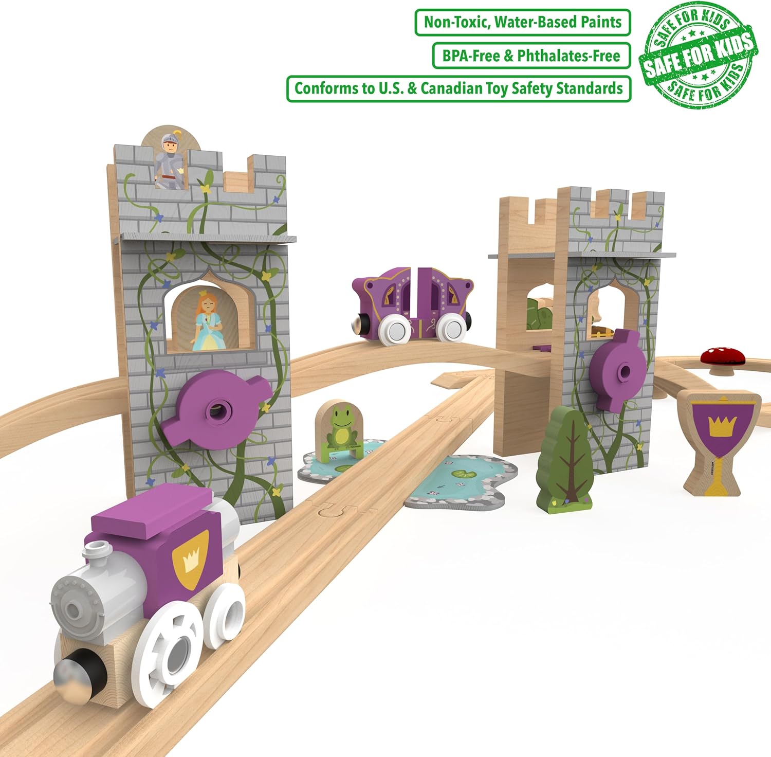 Wooden Train Set 68 PCS Castle Dragon Unicorn Fantasy Kingdom Adventure Playset w/Storage Box Train Toys for Girls Toddlers Grandkids Kids Compatible with Thomas Brio Melissa and Doug