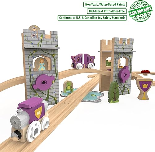 Miniatura 8 de Orbrium Toys Set de tren de lujo de 52 piezas con 3 destinos, encaja en tren de madera Thomas, Brio, Chuggington, Melissa and Doug, Imaginarium