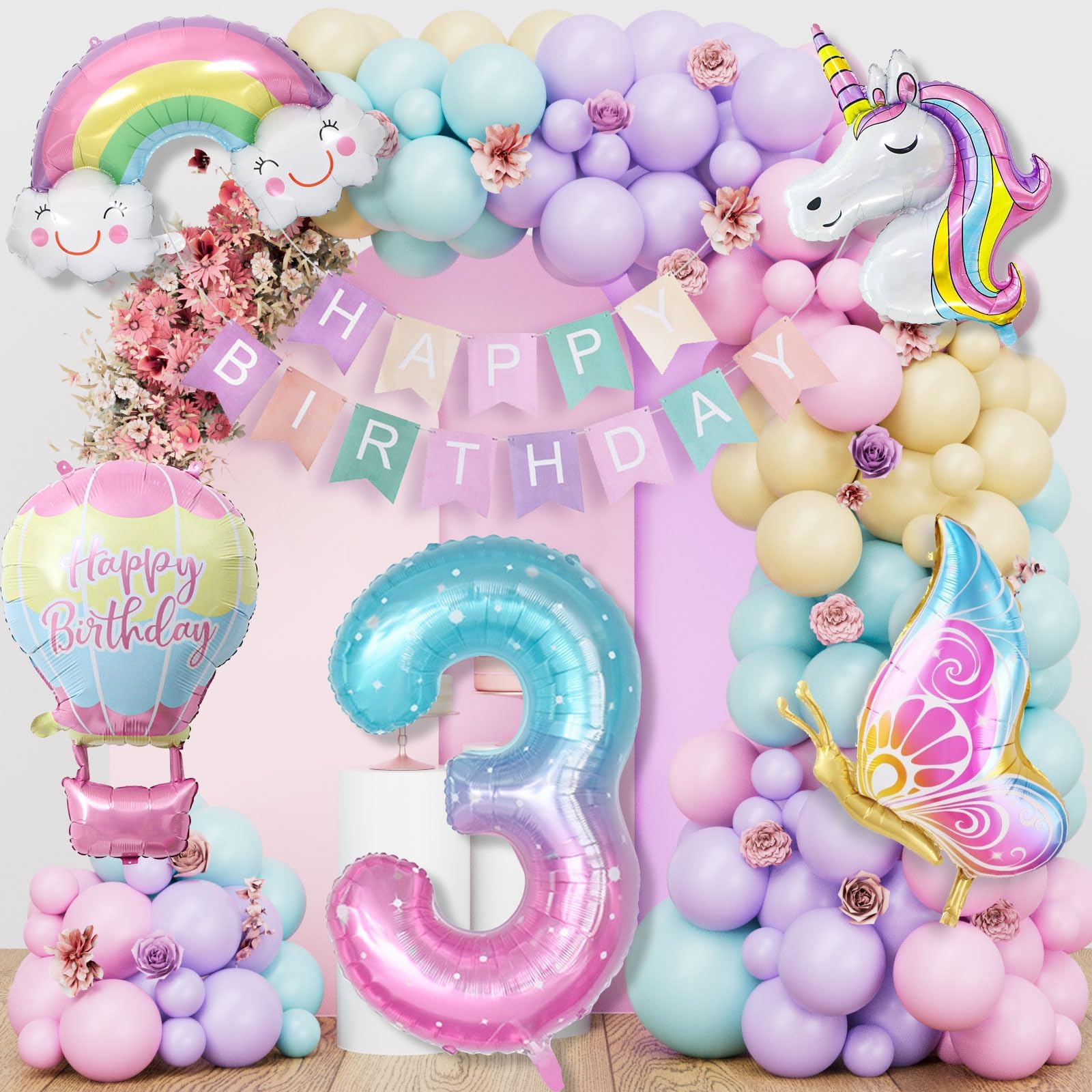 Unicorn Balloons 3rd Birthday Decorations for Girls Boys, Unicorn Party Decorations 3rd Birthday Banner for Girls Boys