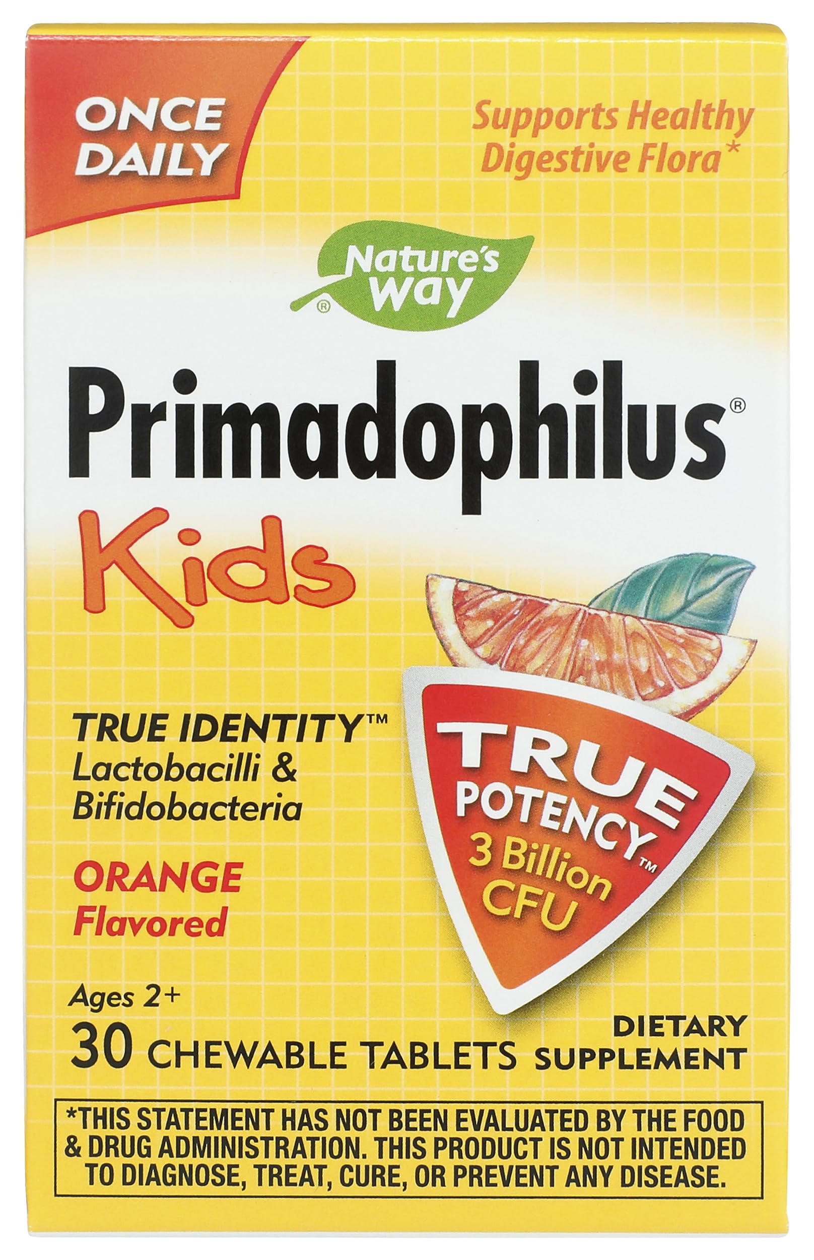 Nature's Way Primadophilus Kids Probiotic Chewables, for Ages 2+, 3 Billion CFU, Supports Healthy Digestive Flora*, Lactobacillus acidophilus, Orange Flavored, 30 Chewable Tablets (Packaging May Vary) 1