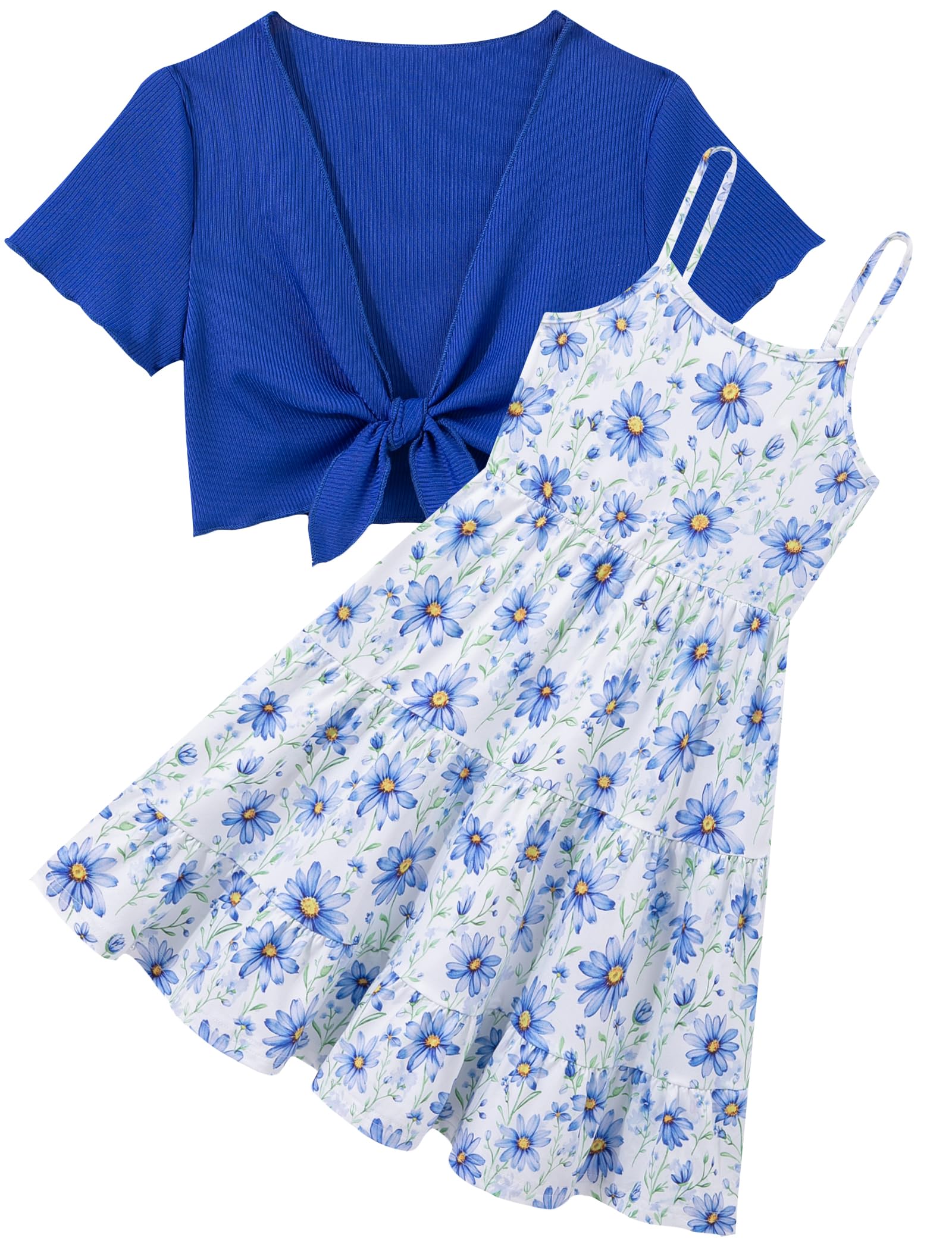 RAISEVERN 7-14Y Girls Adjustable Strap Cami Dress with Cardigan 2 Piece Set