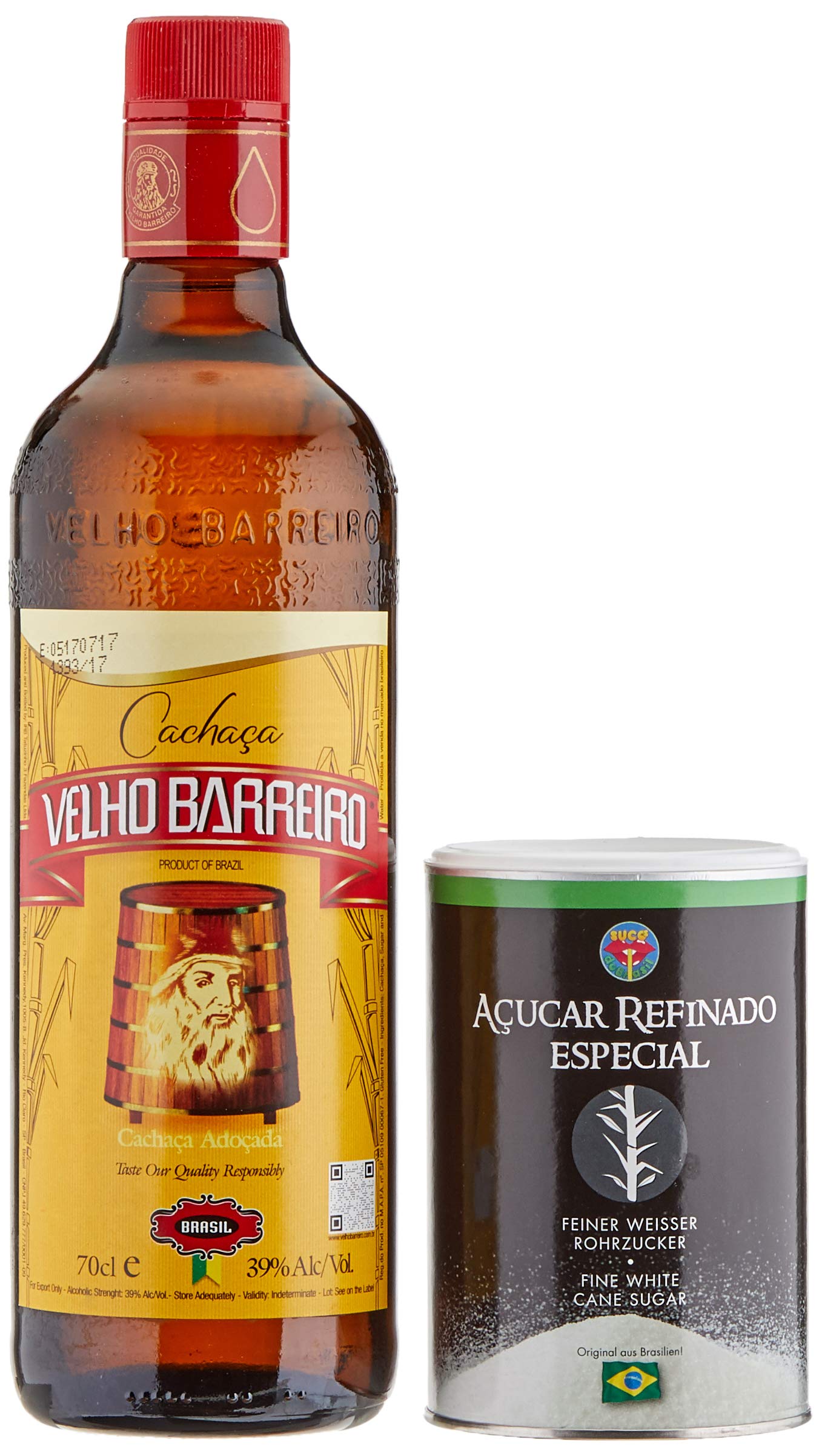 Velho Barreiro Caipi-Set II-Caiprinha Bundel, Cachaca, Rohrzucker, Stampfer, Glas in Geschenkverpackung (1 x 0.7 l)